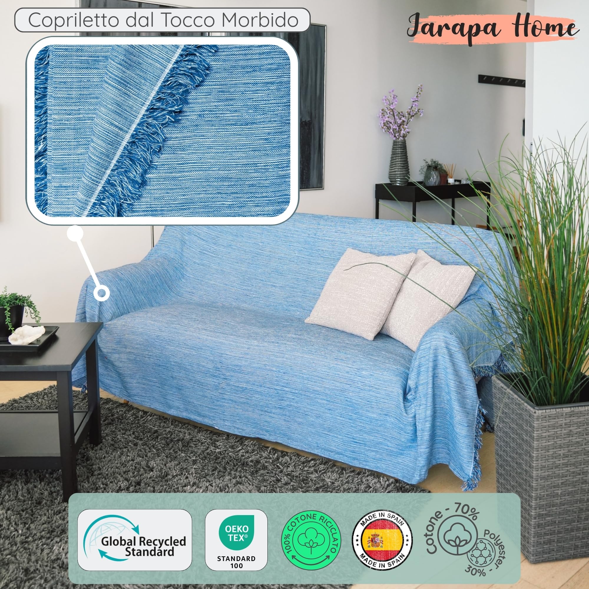 Trapunta Multiuso: Divano Scozzese, Coperta Foulard, Copriletto, Foulard per Divani in Cotone e Altre Fibre Finitura di Qualità Fatto in Spagna. Telo Copridivano (Blu Mèlange 02, 230x260cm)
