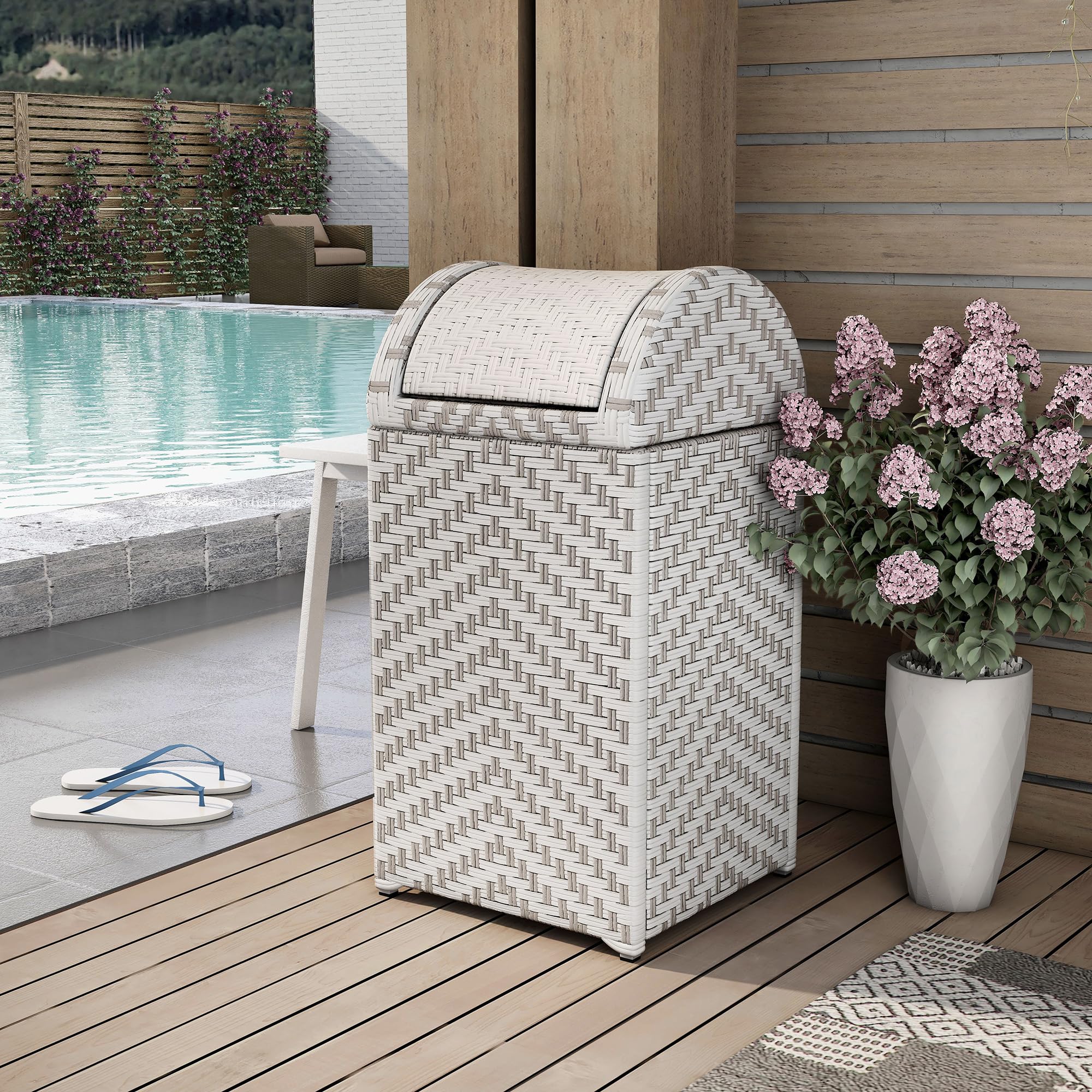 24/7 Shop at Home Ulysses Modern Aluminum and All-Weather Wicker Outdoor Trash Can with Push Lid for Outdoor, Patio, Pool Area, Garden, Gray and White