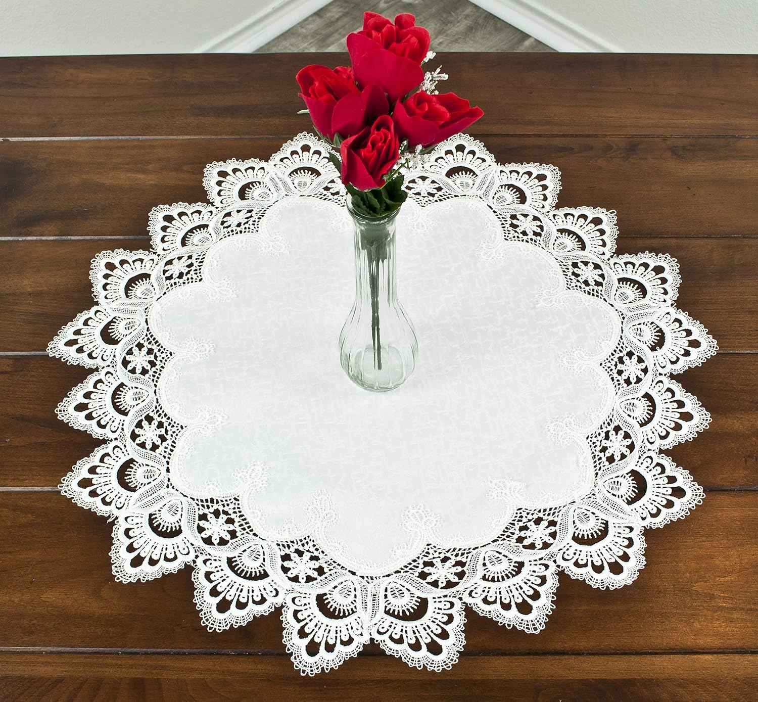 LINENS ART AND THINGS Lace Doily White Antique European Peacock Tail on Jacquard Fabric Round Table Topper Wedding Décor (23 Inch Round)