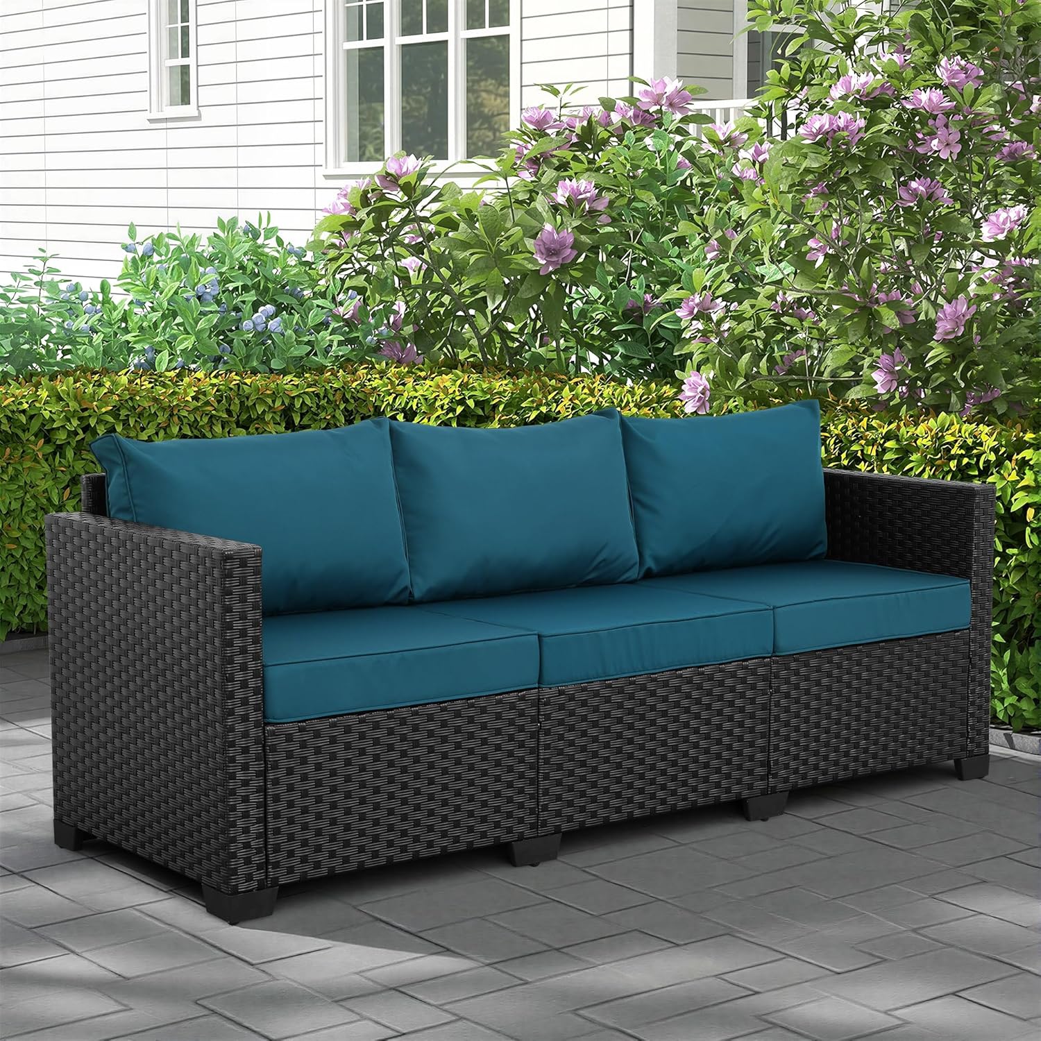 Rattaner Outdoor Furniture Outdoor Couch Patio Furniture 3-seat Sofa Deep Seat Hight Backrest with Waterproof Cover and Anti-Slip Cushions, Peacock Blue