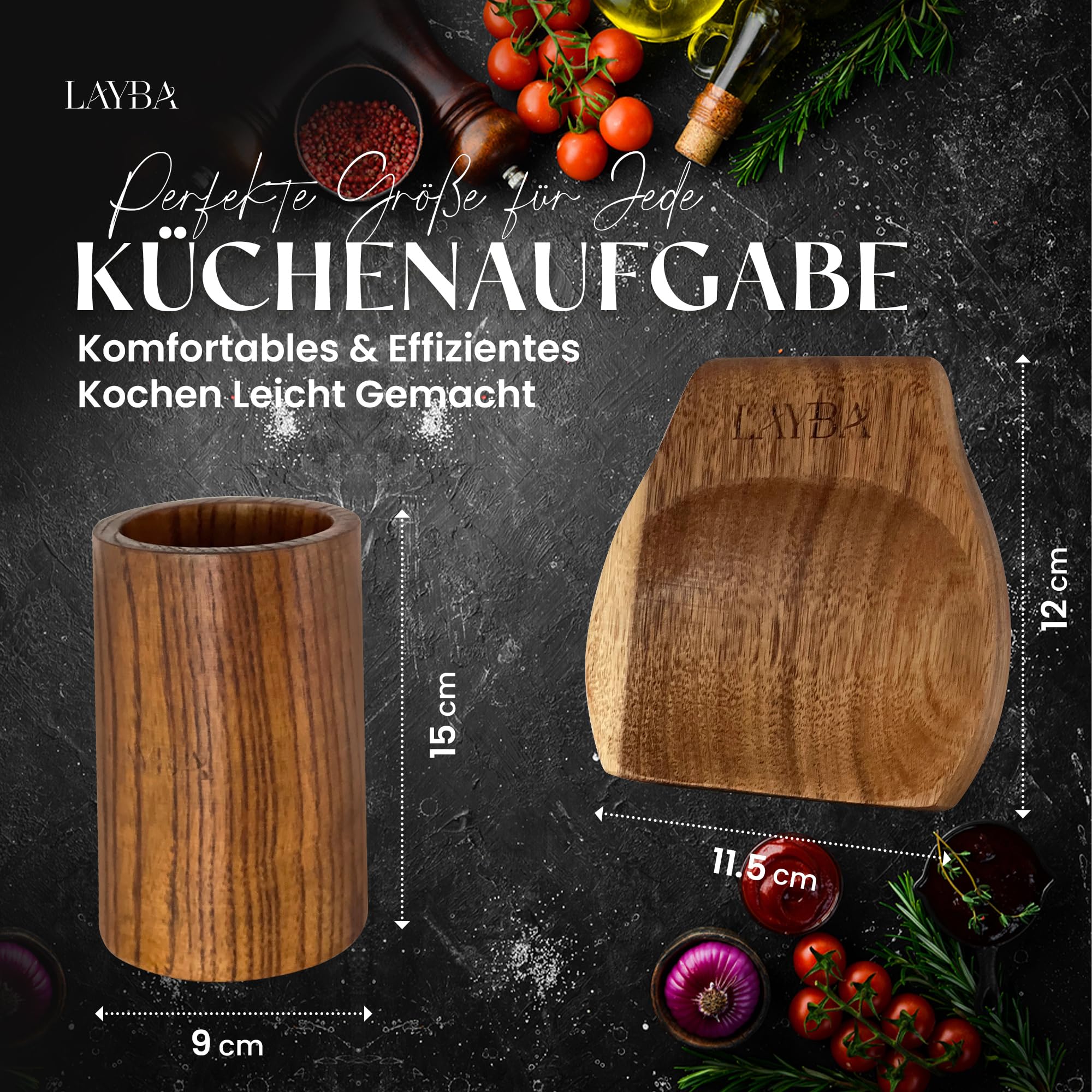 LAYBA Teakholz Küchenutensilien Set, Holz Küchenhelfer zum Kochen, Servieren, Wenden und Anrichten, Küchenutensil für Pfanne, Topf und Tisch