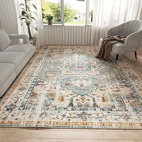 Alfombras de área de 6 x 9 pies, gruesas, con parte trasera antideslizante, estilo bohemio, lavable, vintage, alfombra de pelo bajo para dormitorio,