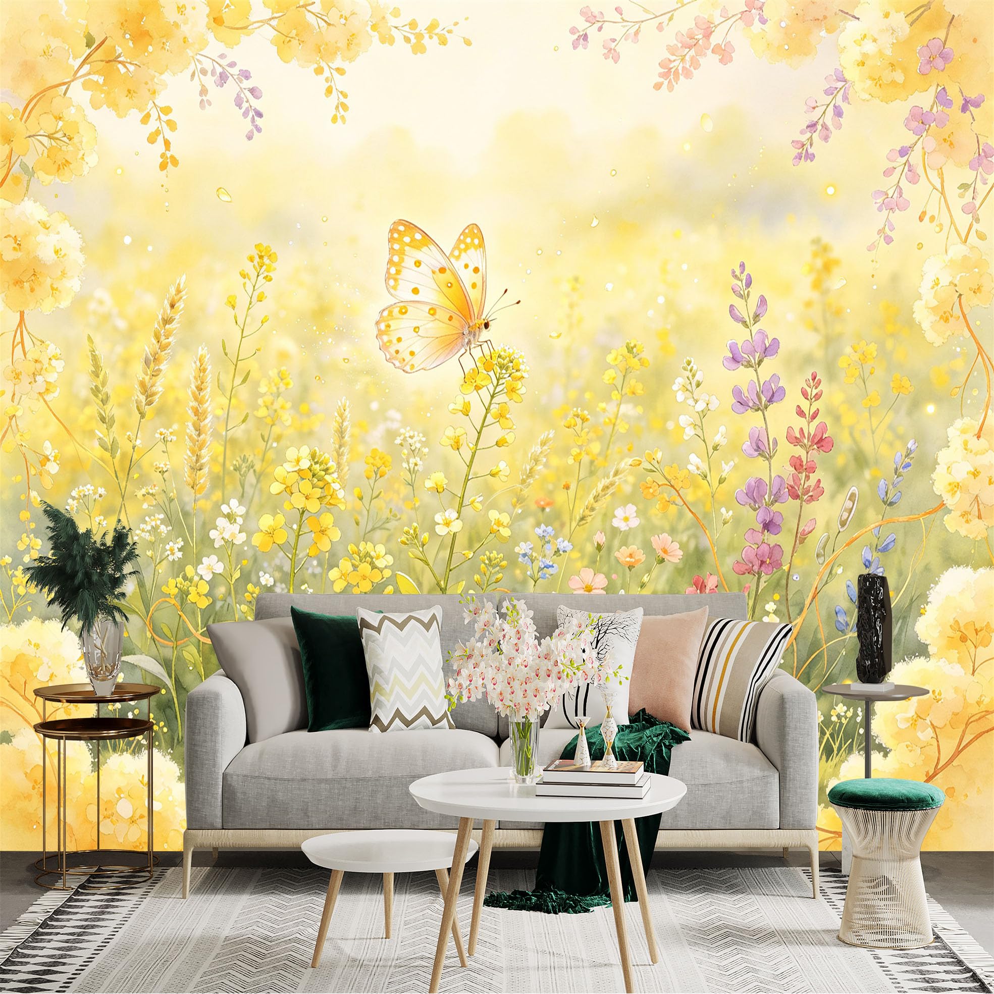 Lnzczhyre Bh260719609 Custom Size Wall Sticker Mural， Yellow Butterfly In Spring Meadow， Blooming Wildflowers， Soft Watercolor Floral Landscape， For Wall Decoration， Peelandstick Wall Decals.