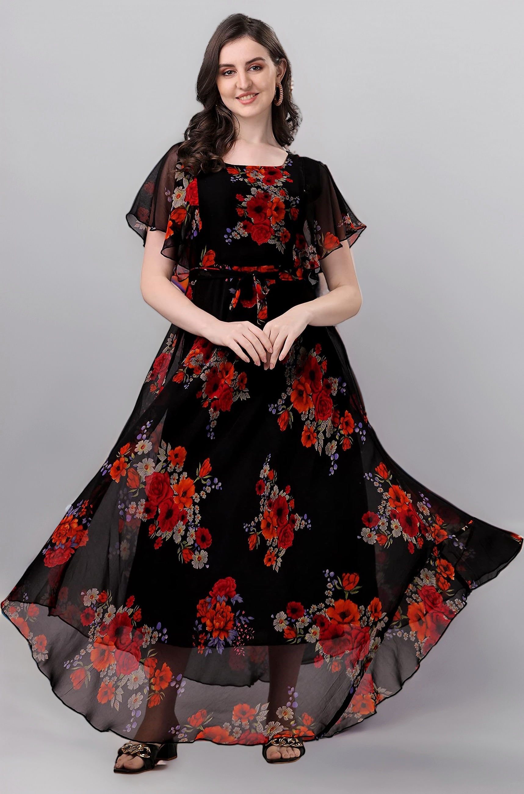 Fashion2wear Women's Georgette Floral Digital Print Short Sleeve Full-Length Fit & Flare Long Gown Dress for Girls (LN-X9TQ-MN1D)