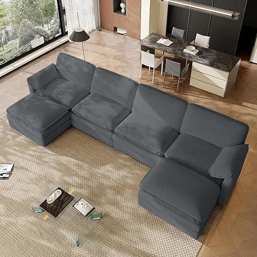 Miniatura 9 de Sofá modular Cloud de 151 pulgadas con 2 otomanas, sofás modulares en forma de U para sala de estar, cómodo sofá modular de felpilla de gran tamaño,