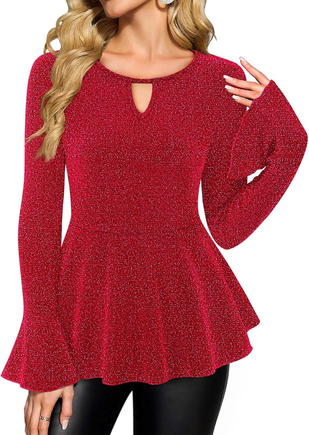 Youtalia Womens Dressy Tops Bell Sleeve Sparkly Peplum Formal Blouses Elegant Evening Shirts