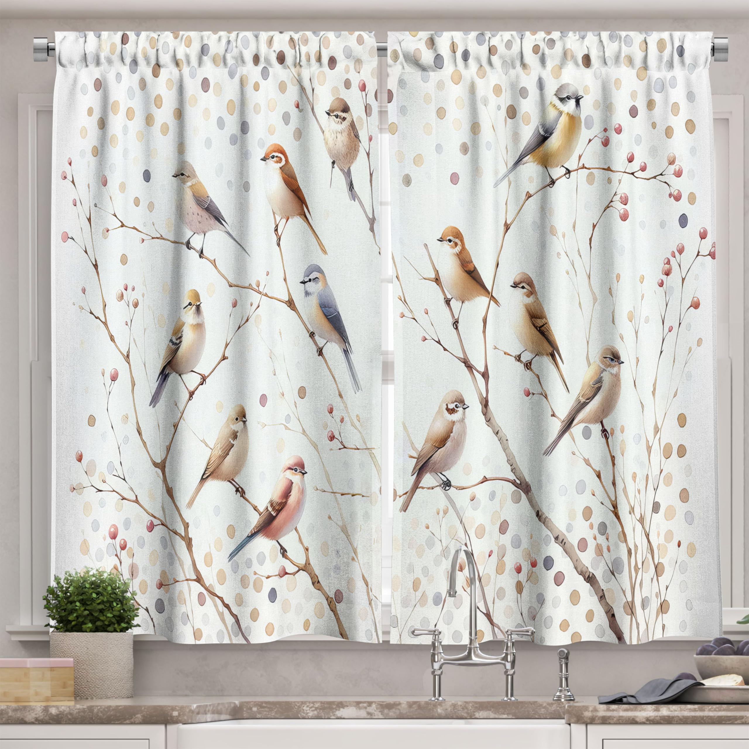 Ambesonne Birds Kitchen Curtains, Aquarelle Look Autumnal Scenario with Wingy Animals and Polka Dots Art, Window Drapes 2 Panel Set for Kitchen Cafe