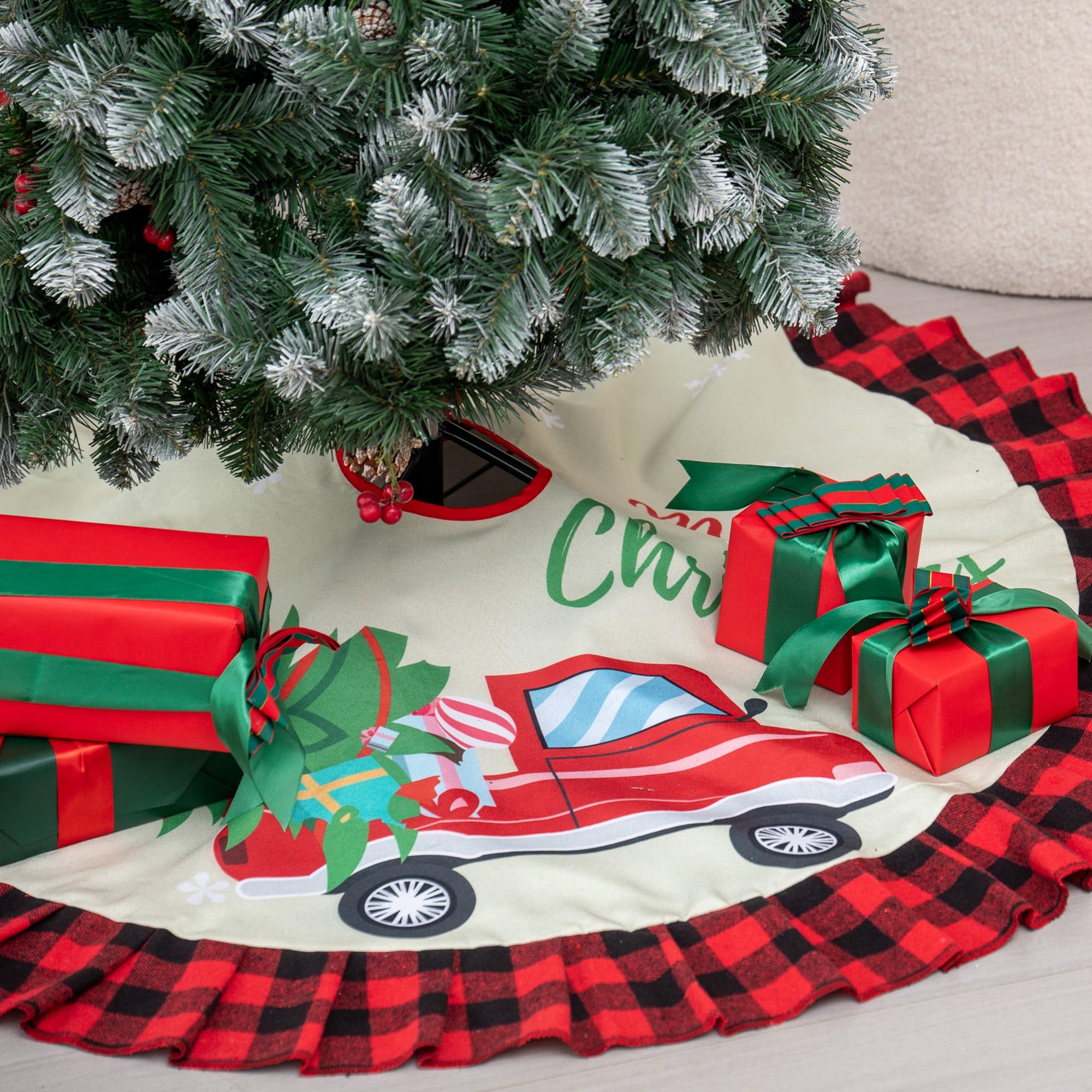 Burlap Christmas Tree Skirt 36 Inch with Truck Red and Black Buffalo Plaid Border Farmhouse Winter Holiday Decor Home Xmas Decoration Ornaments