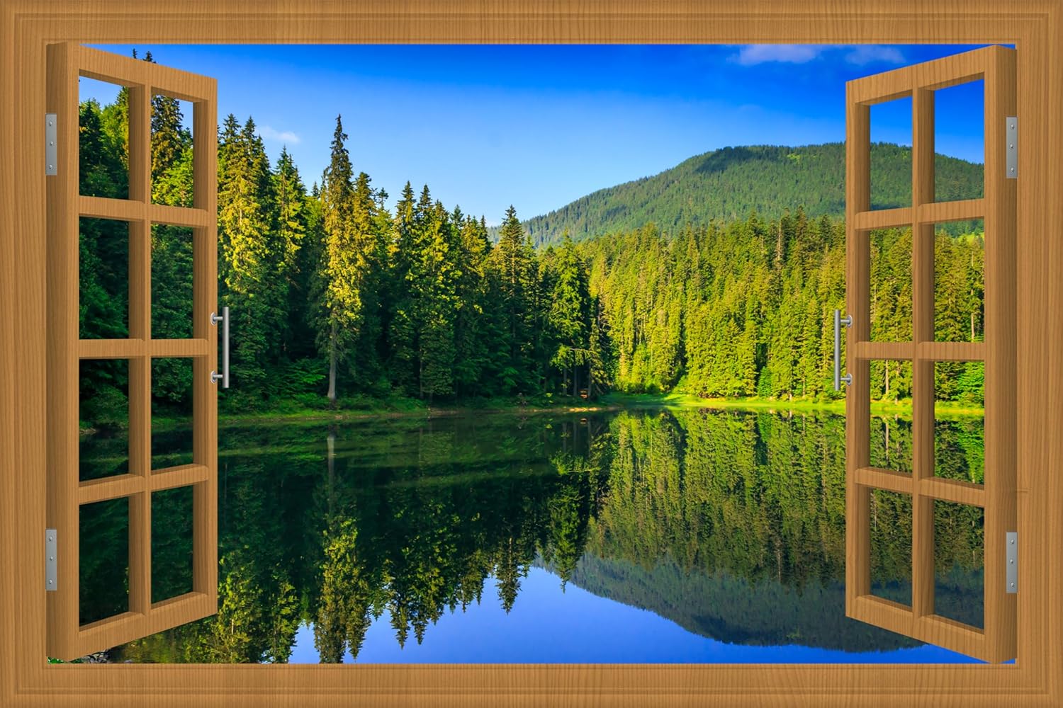 Fake Window for Walls Faux Window Decal Windows Poster Picture Open Window Wall Art Decor, Stick and Peel Wallpaper Nature Wall Decol Forest Lake Scene Mural, 48"x72"