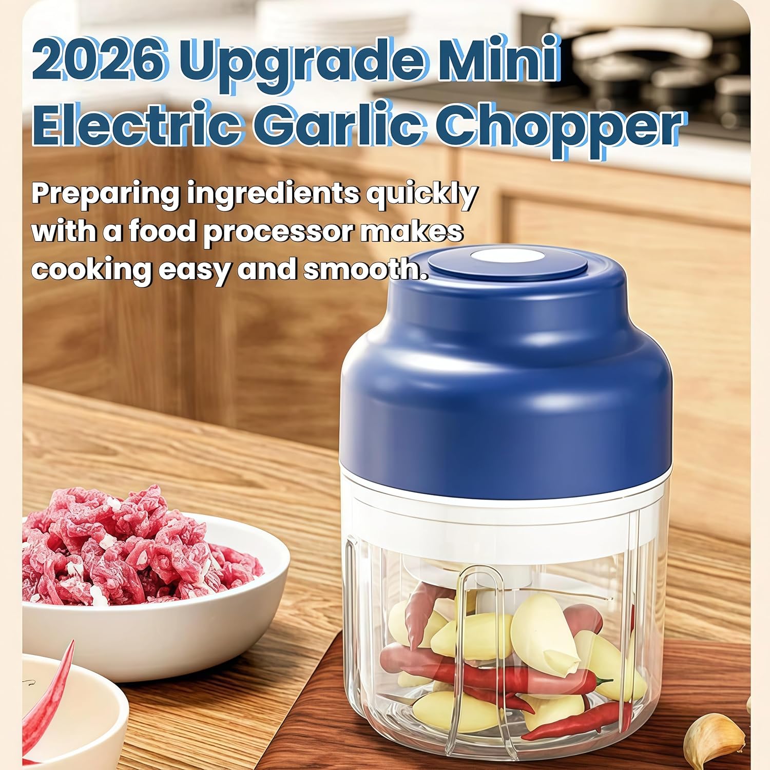 Electric Garlic Chopper Mini, 320 ml Small Garlic Chopper Mincer with 4/6 Stainless Steel Blades, USB Rechargeable, Wireless Veggie Grinder, for Mashing Onion, Garlic, Chili, Ginger (Blue, 320ml)