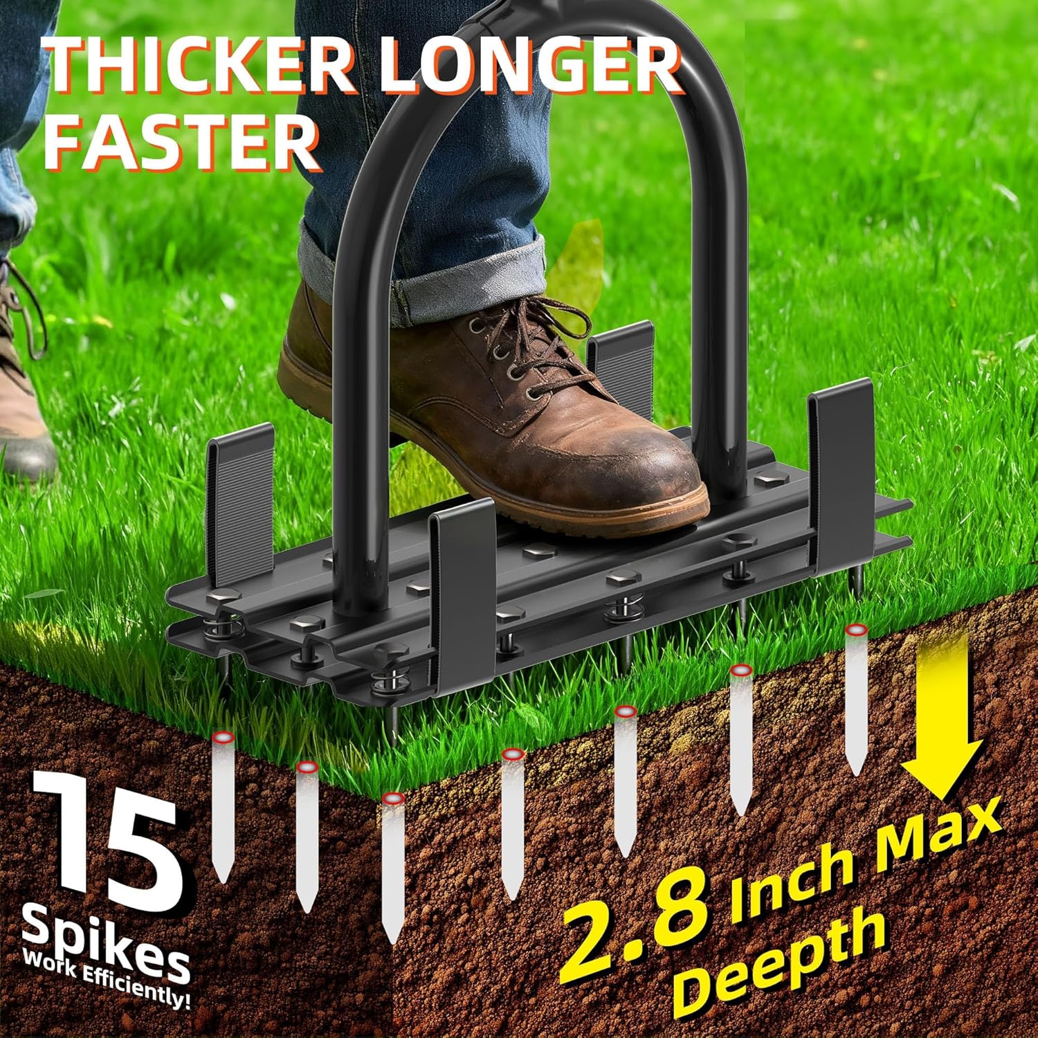 Aerator Lawn Tool - 2-in-1 Reinforced Heavy Duty Manual Lawn Aerator with 15 Spikes, Automatic Dirt and Leaf Clean Design, Adjustable T-Handle (Black)
