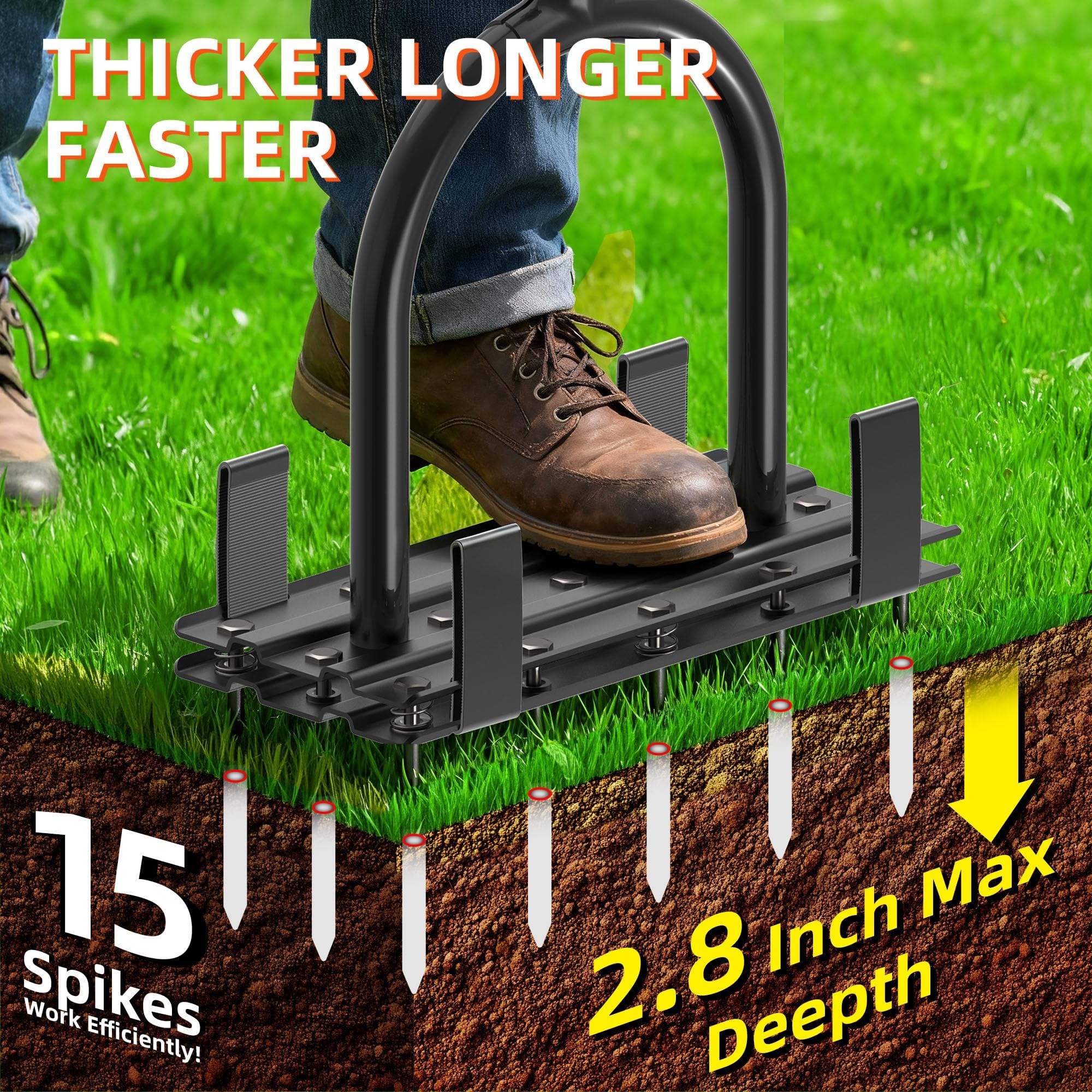 Aerator Lawn Tool - 2-in-1 Reinforced Heavy Duty Manual Lawn Aerator with 15 Spikes, Automatic Dirt and Leaf Clean Design, Adjustable T-Handle (Black) - 3