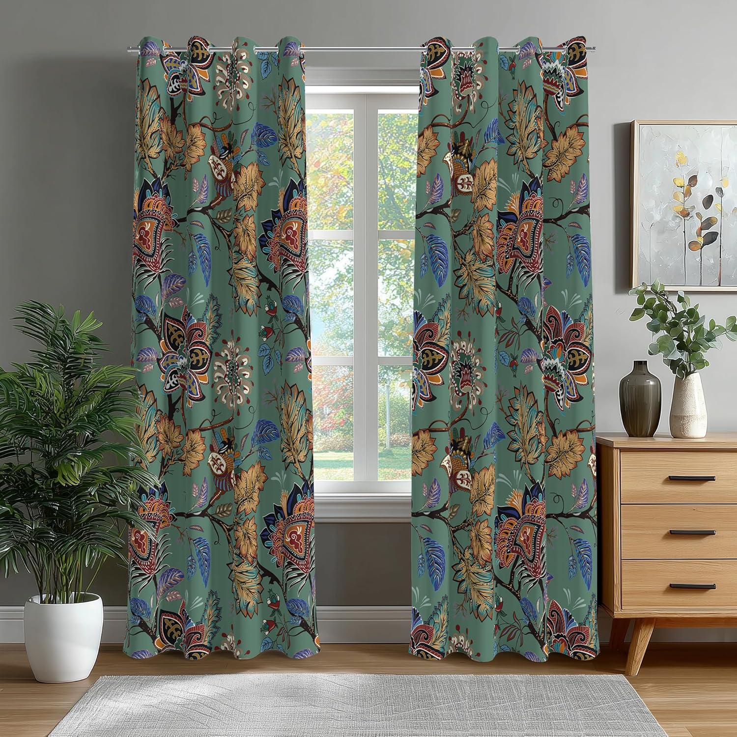 Blackout Curtains for Bedroom Mustard Yellow Boho Floral Black Out Curtains for Living Room Vintage Paisley Room Darkening Window Drapes, 52" W x 84" L (Pack of 2),Mustard Yellow Floral