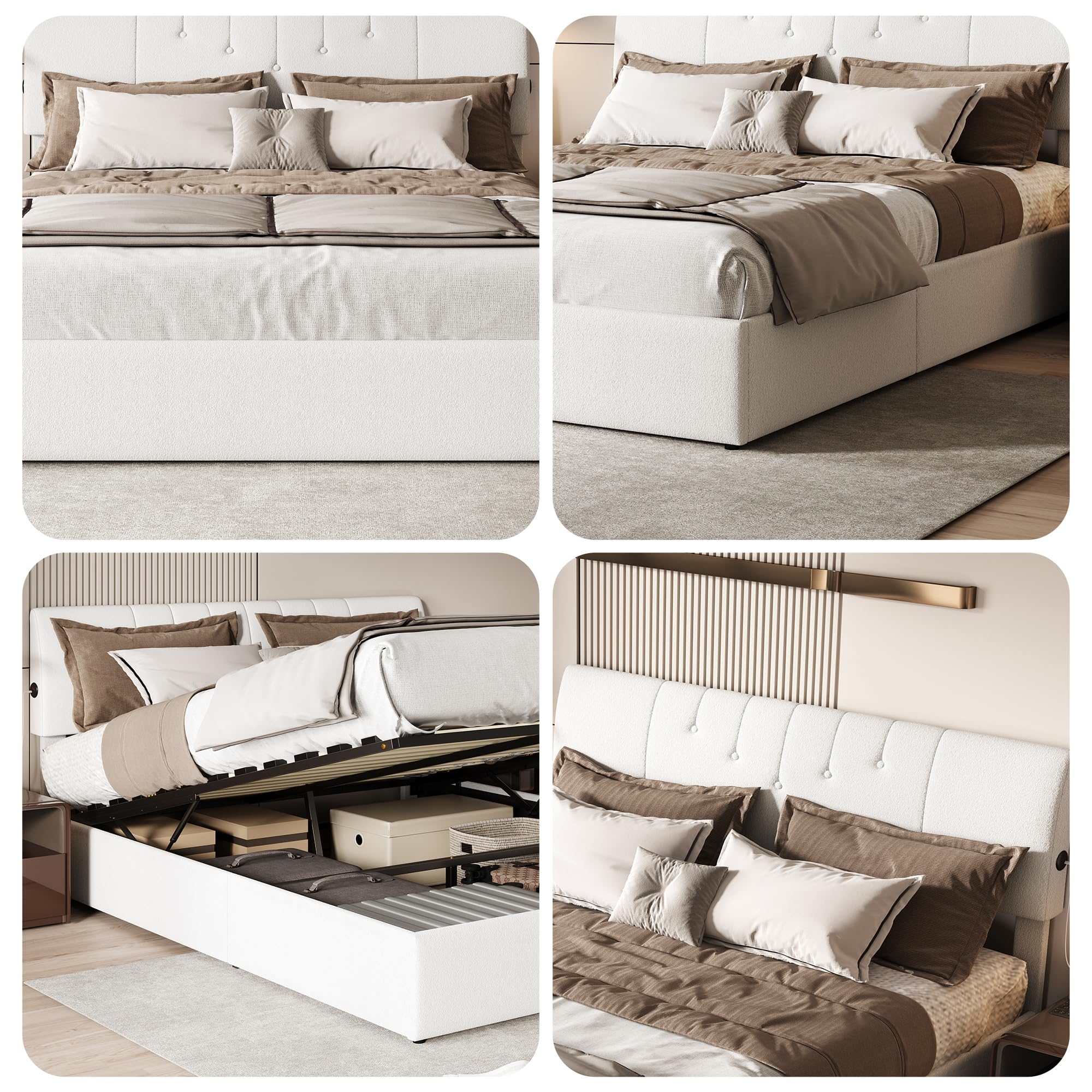 BRILVERDE Letto matrimoniale 140 x 190 con vano portaoggetti con USB, letto cassettiera con rete a doghe e testiera imbottita, per adulti e adolescenti, in pile Teddy (beige, 140 x 190 cm)