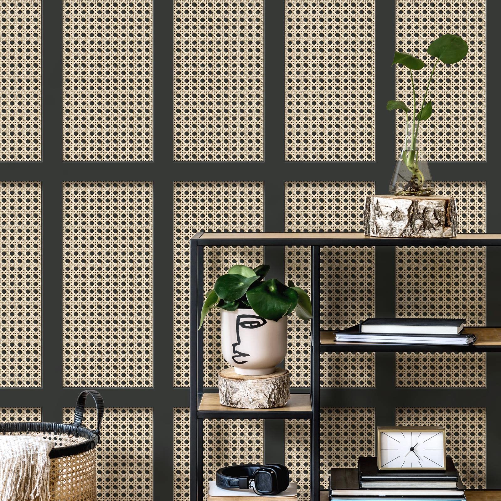 Yöl Beige / Black Full Roll Cane Wood Panel Wallpaper Wicker Rattan Modern Contemporary