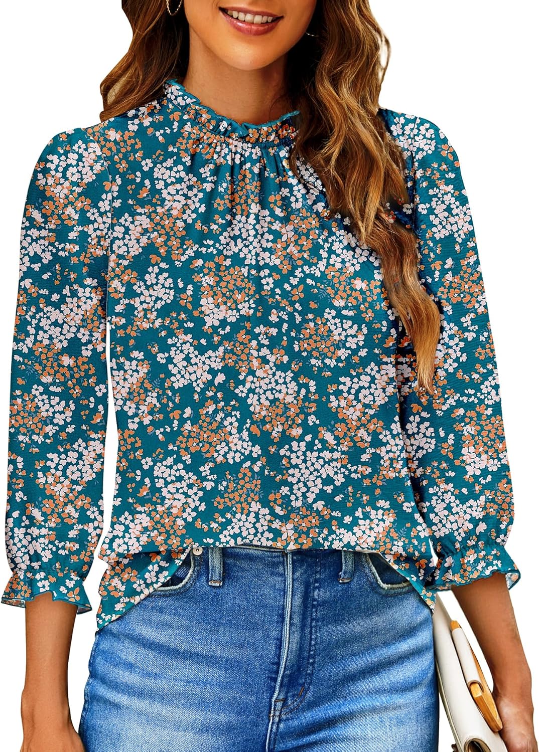 SimpleFun Womens Blouses 3/4 Sleeve Ruffle Neck Printed Business Casual Tops Flowy Dressy Work Shirts