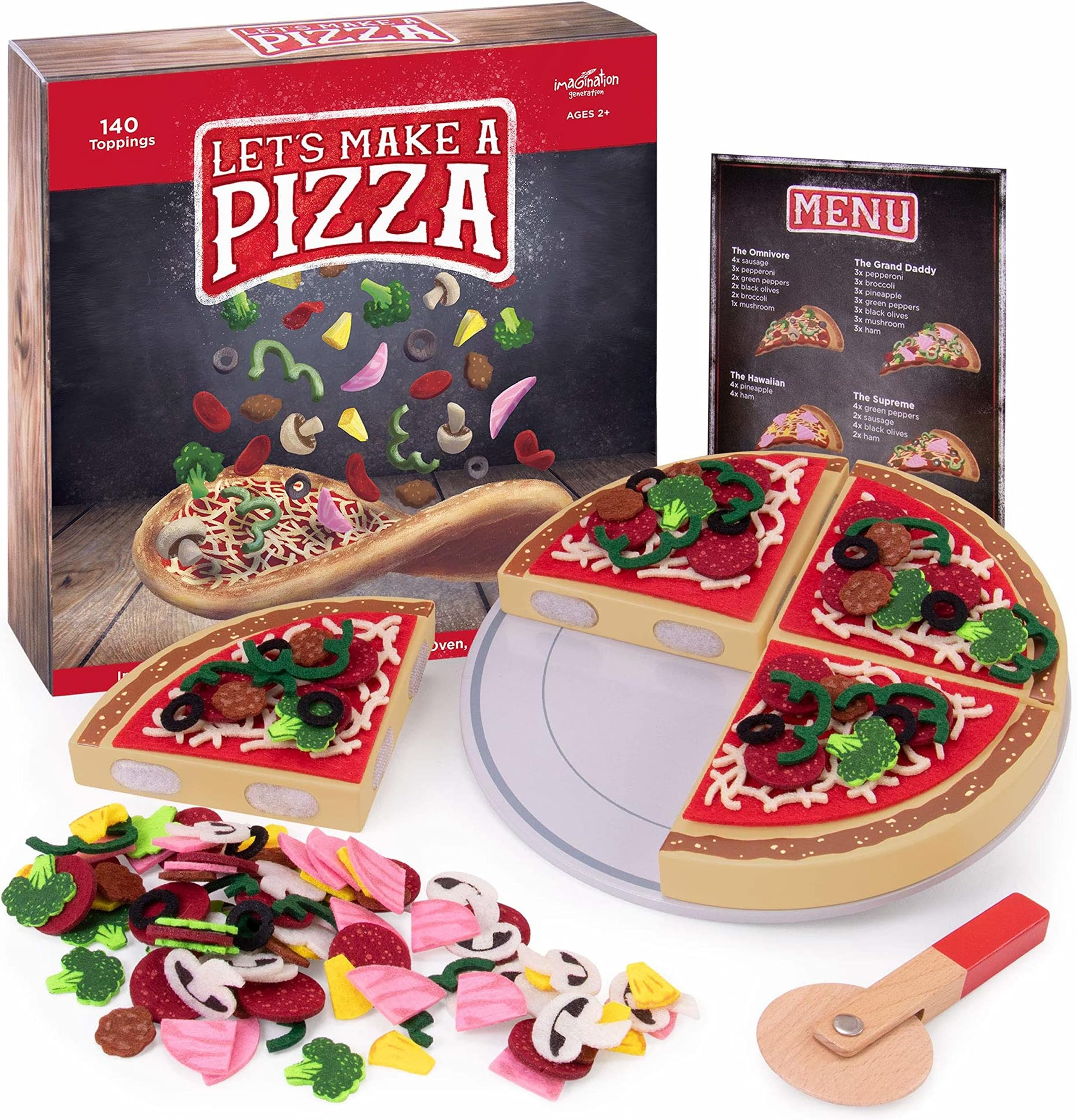 Let's Make a Pizza - Pretend Food Playset with 4 Wooden Pie Slices, 140 Felt Toppings, Wood Roller, and 3-in-1 Cardboard Box Prep Station, Oven, & Serving Table - Cute Cooking Toys for Boys & Girls