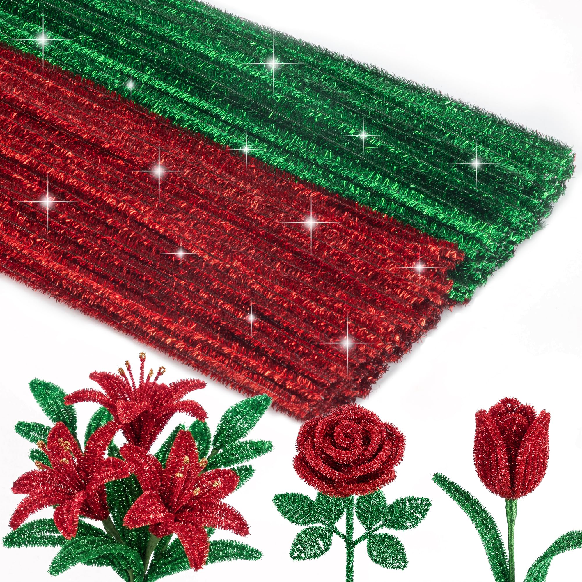 Caydo 200 Pieces Glitter Pipe Cleaners, Red and Green