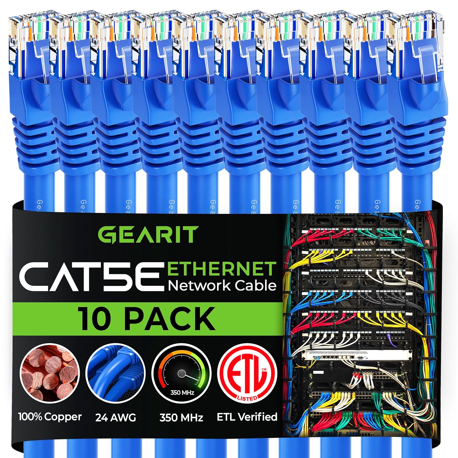 GearIT 10-Pack, Cat5e Ethernet Patch Cable 10 Feet - Snagless RJ45 Computer LAN Network Cord, Blue - Compatible with 10 Port Switch POE 10port Gigabit