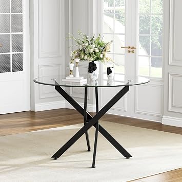 36 Round Glass Dining Table for 4, Clear Tempered Glass Kitchen Table with Black Metal X Legs, Small Round Dining Table for Apartment, Dining Room & Bistro