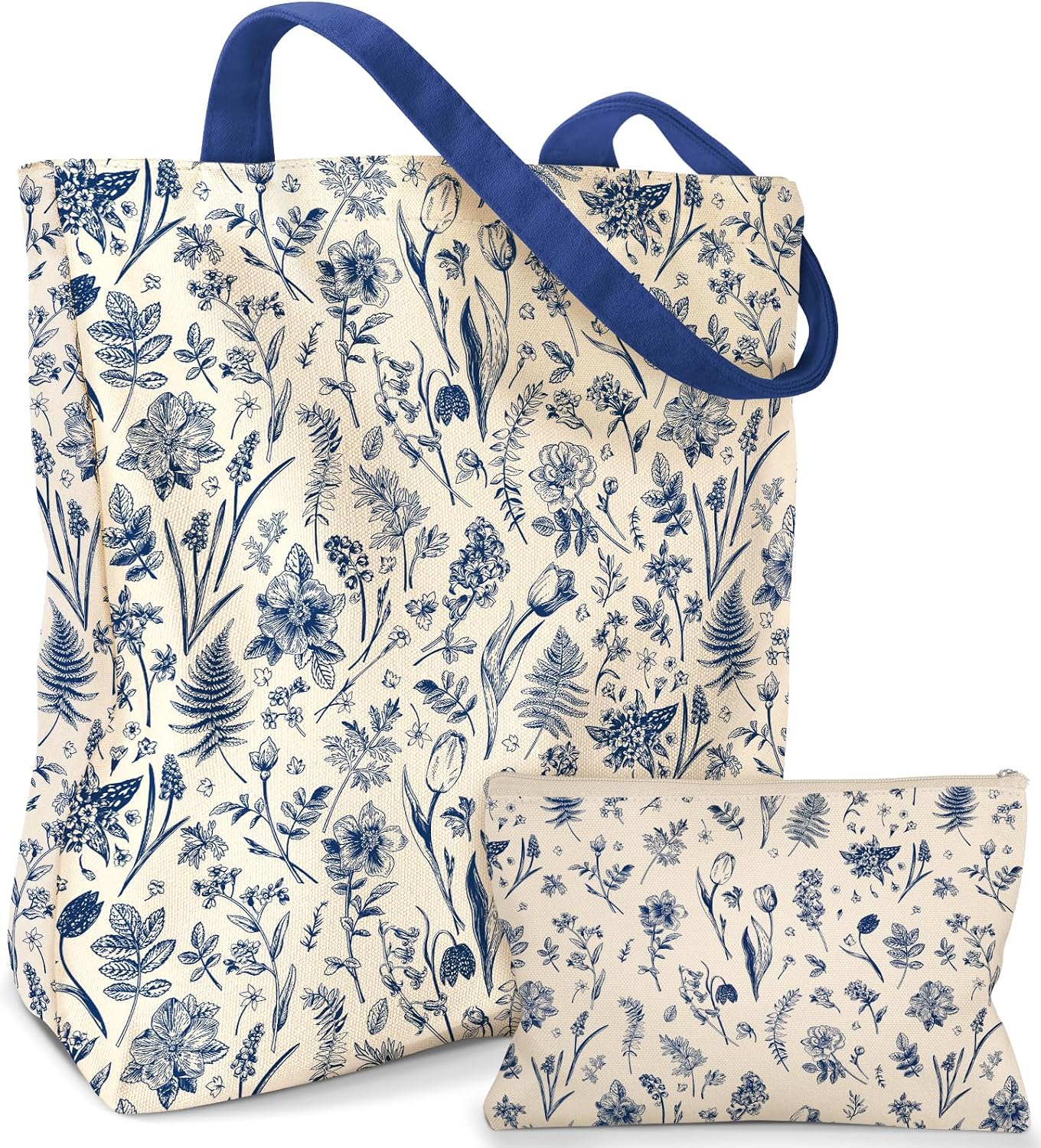Miss Adola 2-Piece Canvas Tote Bag with Makeup Pouch | Reinforced Straps, Large Capacity, Machine Washable, Flower Charm, for Grocery Shopping Gym Travel and Work