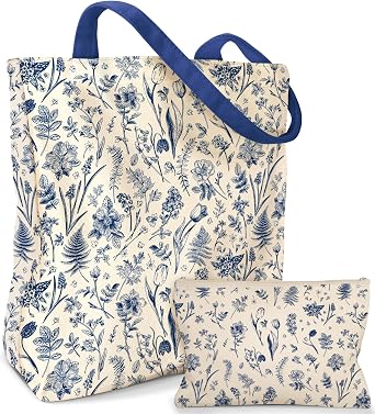 Miss Adola Aesthetic 2 Pack Canvas Tote Bag - with Makeup Pouch Bag for Women Reusable Grocery Bag for Gym, Travel, Work