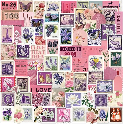 100 calcomanías vintage rosa y morado, calcomanías estéticas para diario, botellas de agua, álbumes de recortes, calcomanías de arte de coqueta de