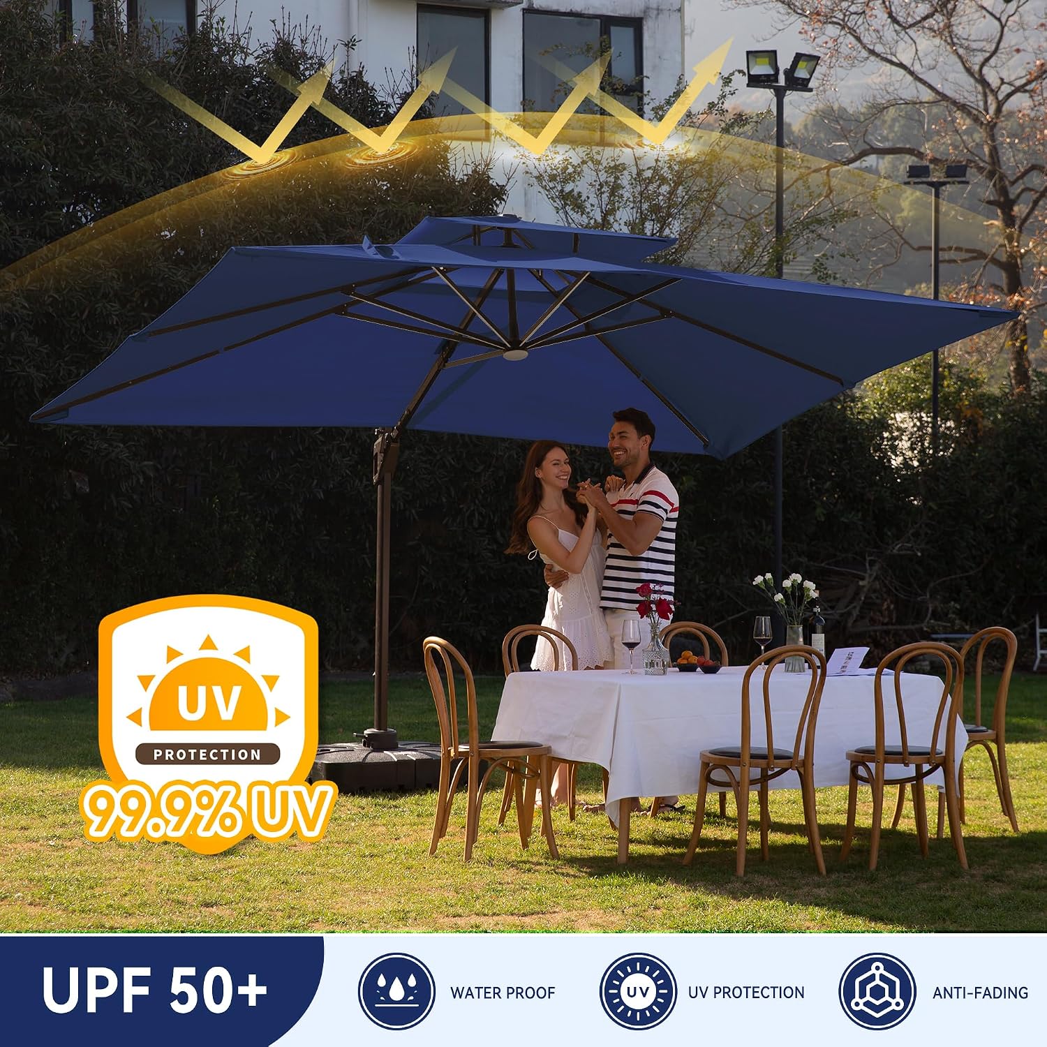 9 X 12 FT Cantilever Outdoor Patio Umbrella with Base Included Large Heavy Duty 360° Rotation Double Top Offset Rectangular Umbrellas with LED Lights for Backyard Outside Deck, Navy