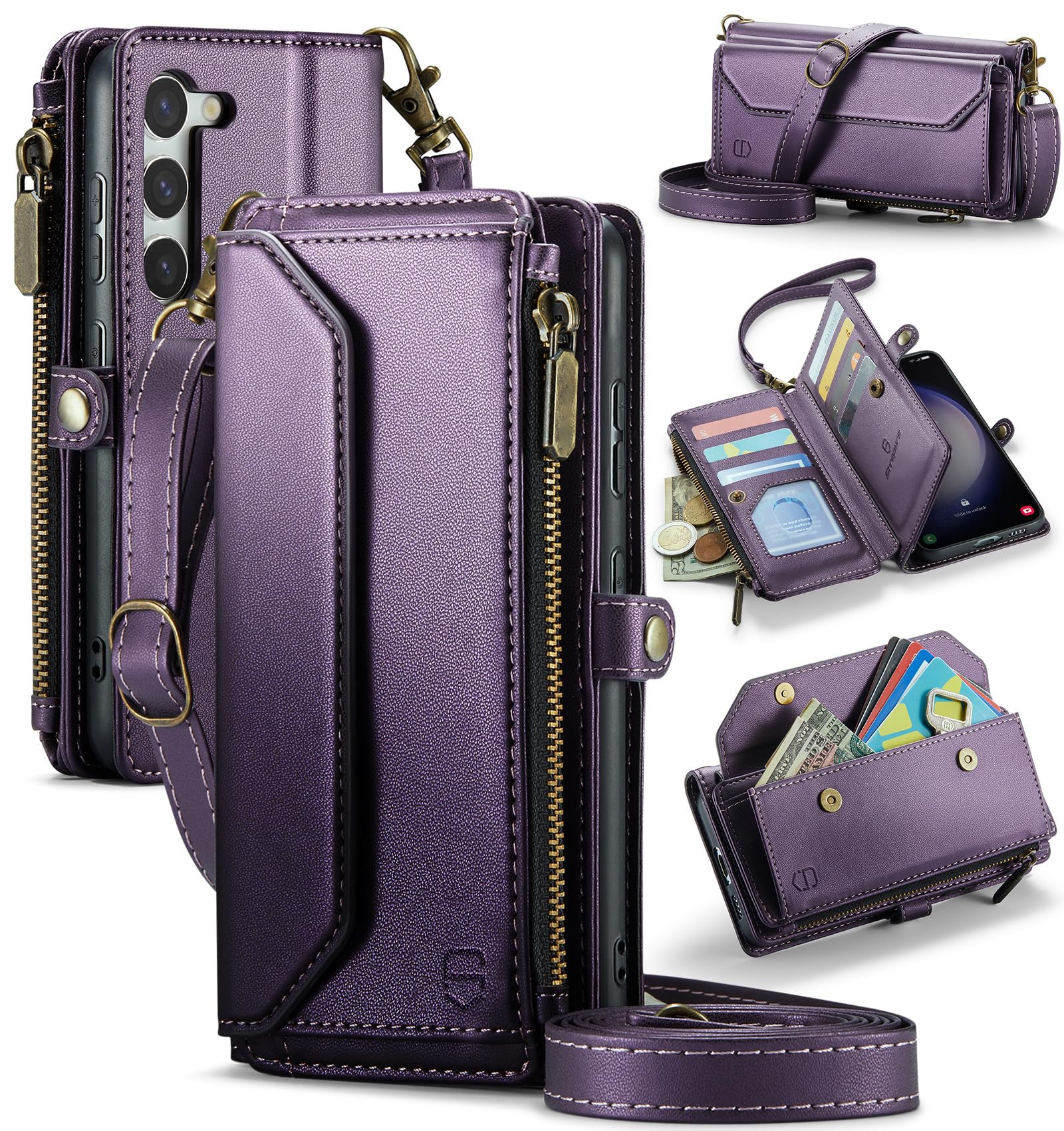 Strapurs Crossbody Wallet Case Compatible with Samsung Galaxy S23 Plus RFID Blocking Card Holder Soft PU Leather Magnetic Snap Strap Zipper Pocket