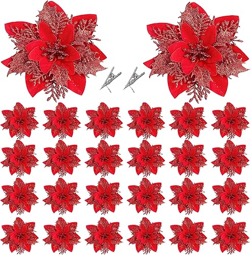 Sggvecsy 24 flores de Pascua con purpurina para árbol de Navidad, adornos artificiales de flores de Navidad con clips para coronas de Navidad,