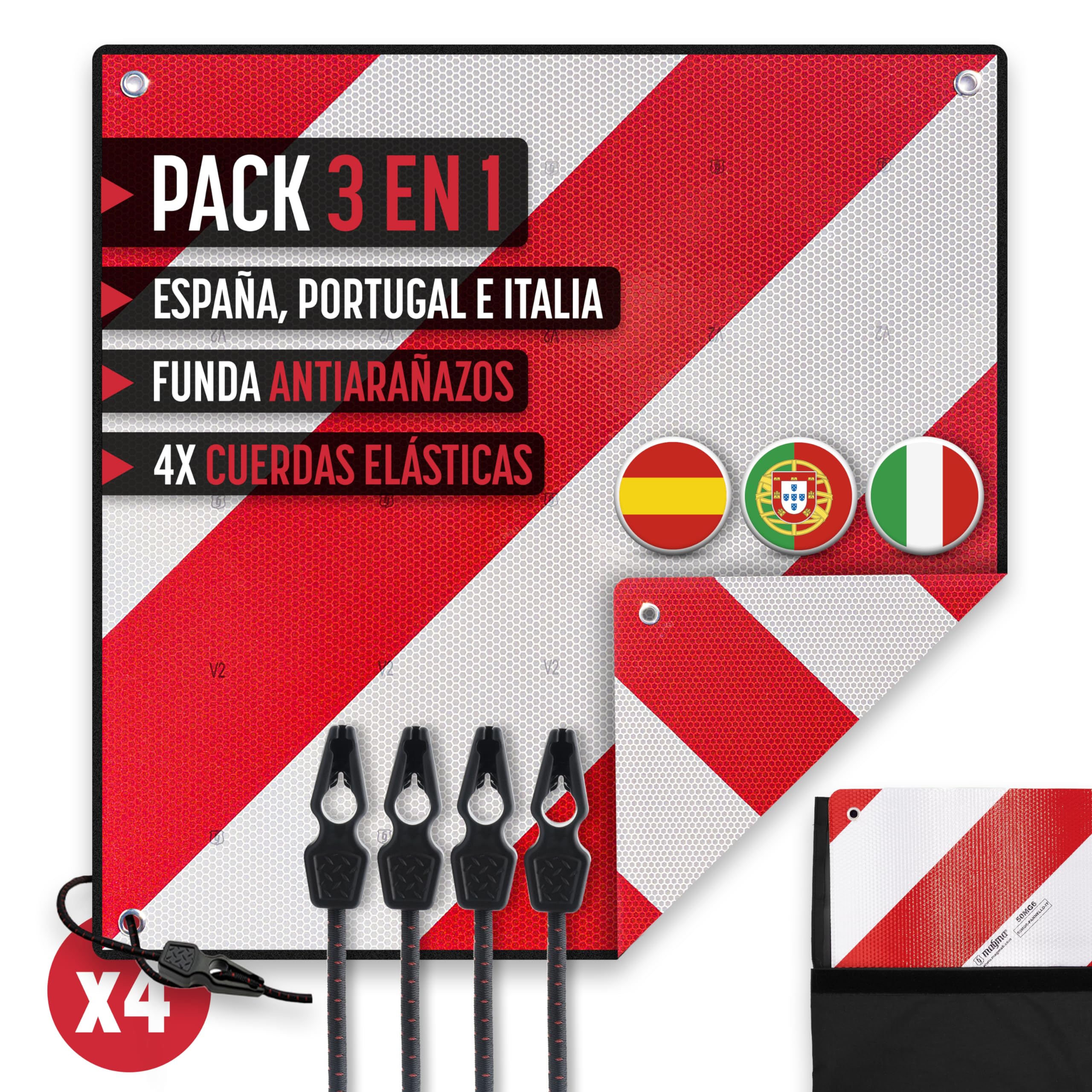 MAGMA Pack Señal V20 Española e Italiana Homologada + Pulpos + Funda, Placa V20 Portabicicletas y Carga Saliente, Flexible y con Protección Anti Arañazos Protege tu Bicicleta o Bici NO Raya