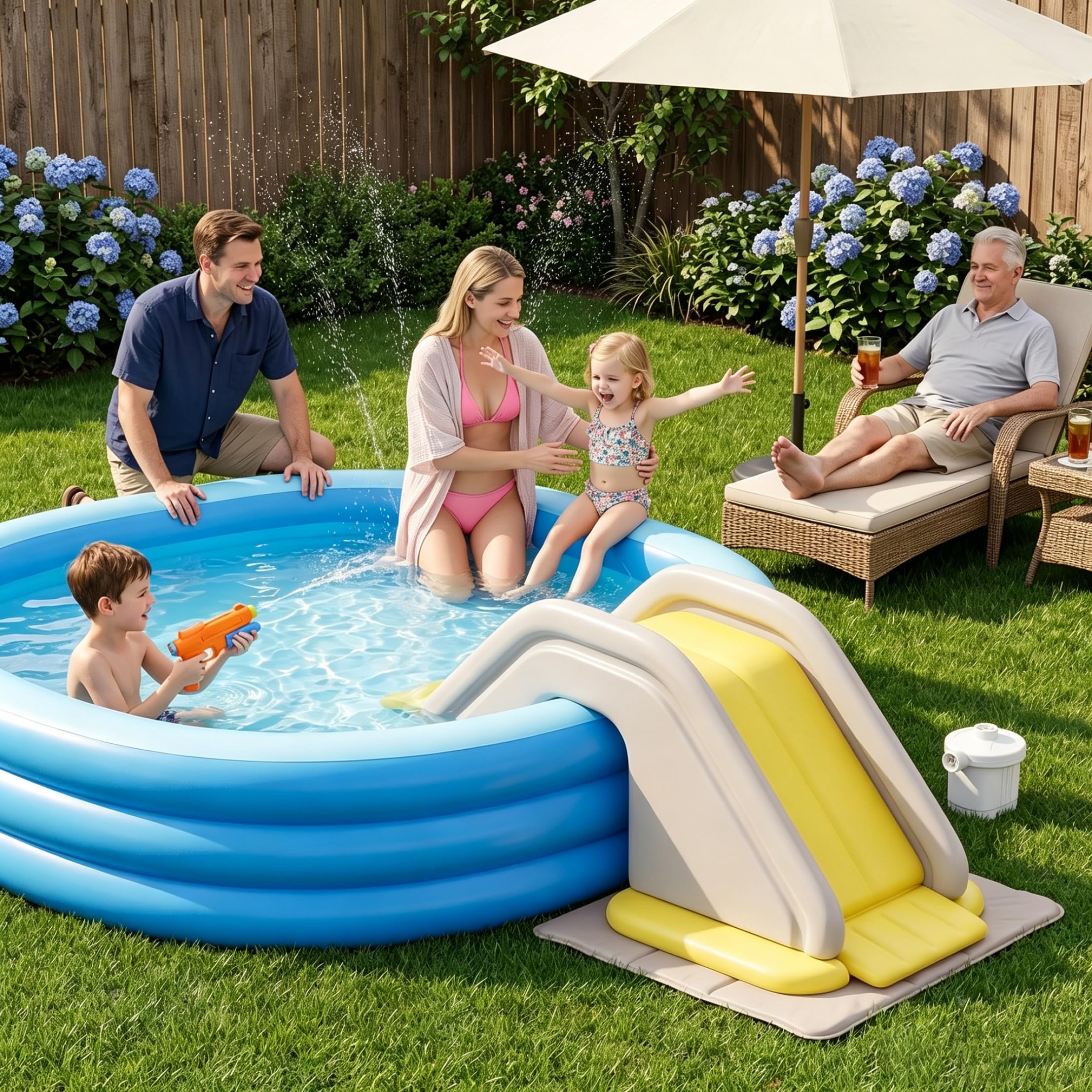 Aufblasbare Poolrutsche, 92×32×27 Zoll PVC-Wasserrutsche für 3-lagige oberirdische Pools, Robustes aufblasbares Pool-Wasserspielzeug für Kinder und Familien.