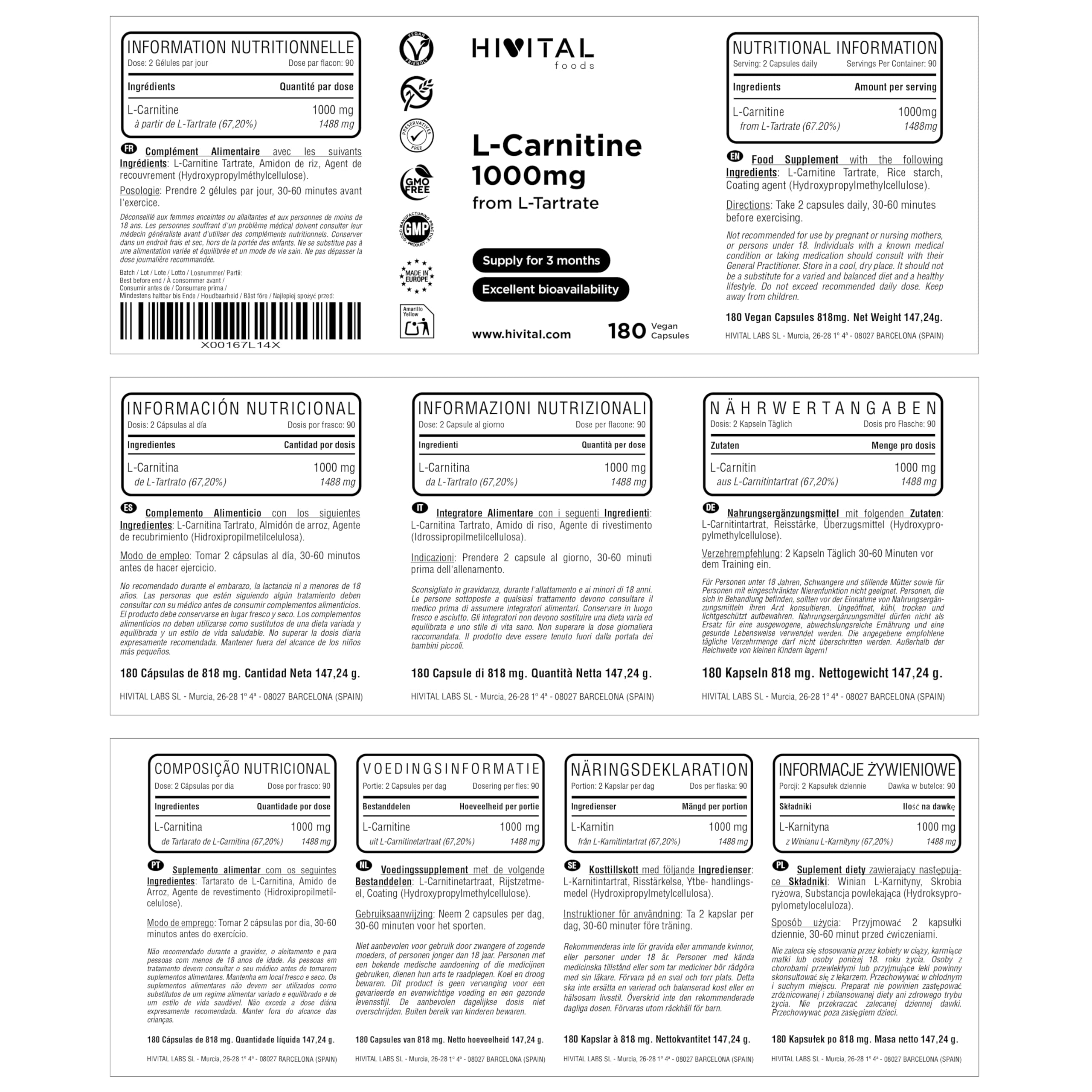 L-Carnitina pura 1000 mg. 180 capsule vegane per 3 mesi di trattamento. Ottenuto tramite fermentazione batterica (100% vegano). Prodotto in Europa da HIVITAL