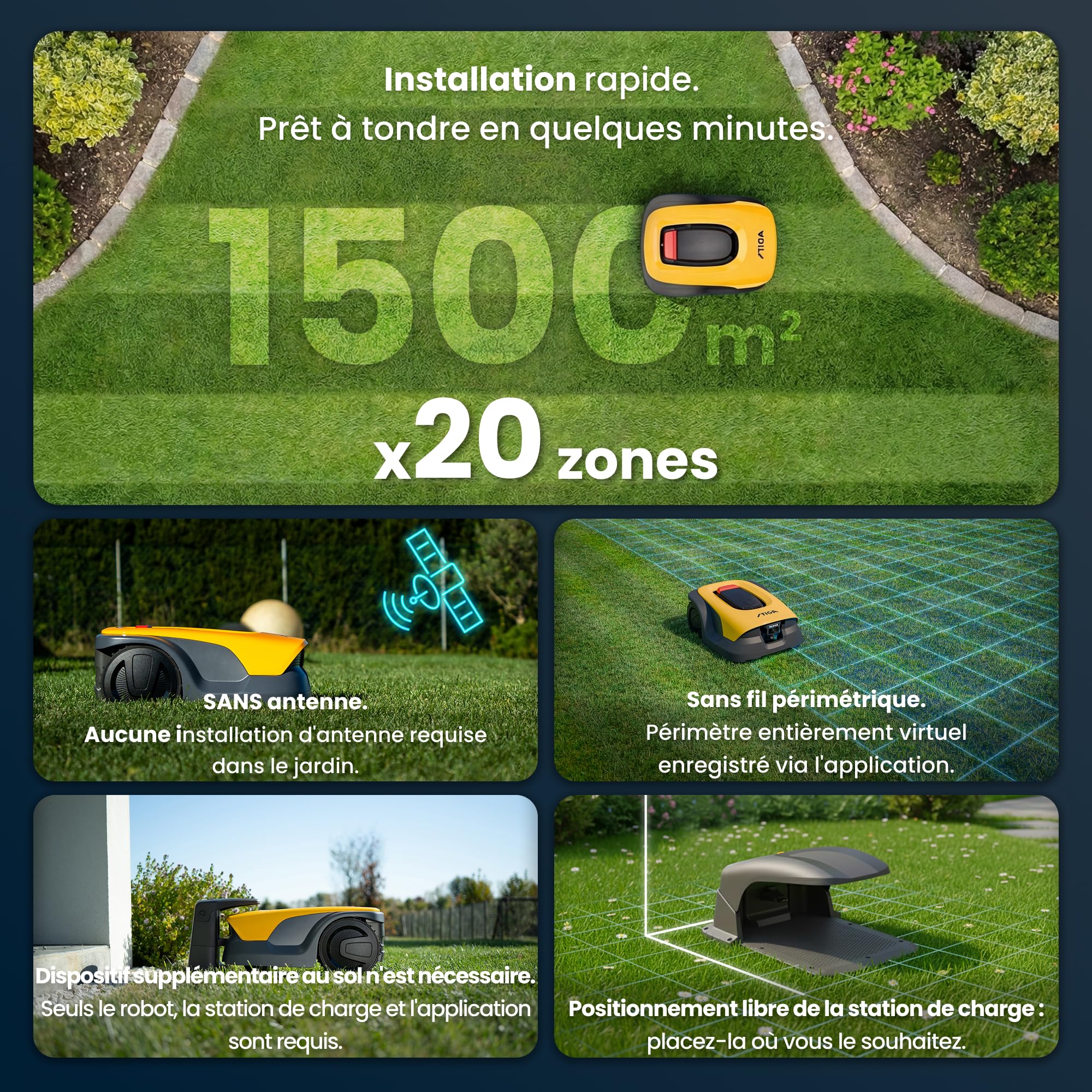STIGA A 15v a Tondeuse à Gazon Robotisée, 18 cm, 25,2 V, 5 Ah – Caméra IA Intégrée, Navigation sans Câble – Pelouses jusqu'à 1 500 m², Grigio