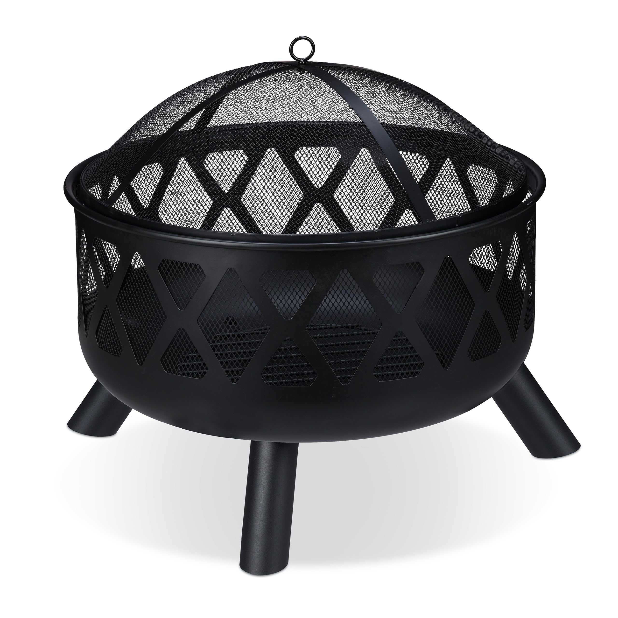 Relaxdays Brasero Exterior con Protector Antichispas, Cuenco Fuego Jardín y Terraza, Atizador, Acero, Ø 62 cm, Negro