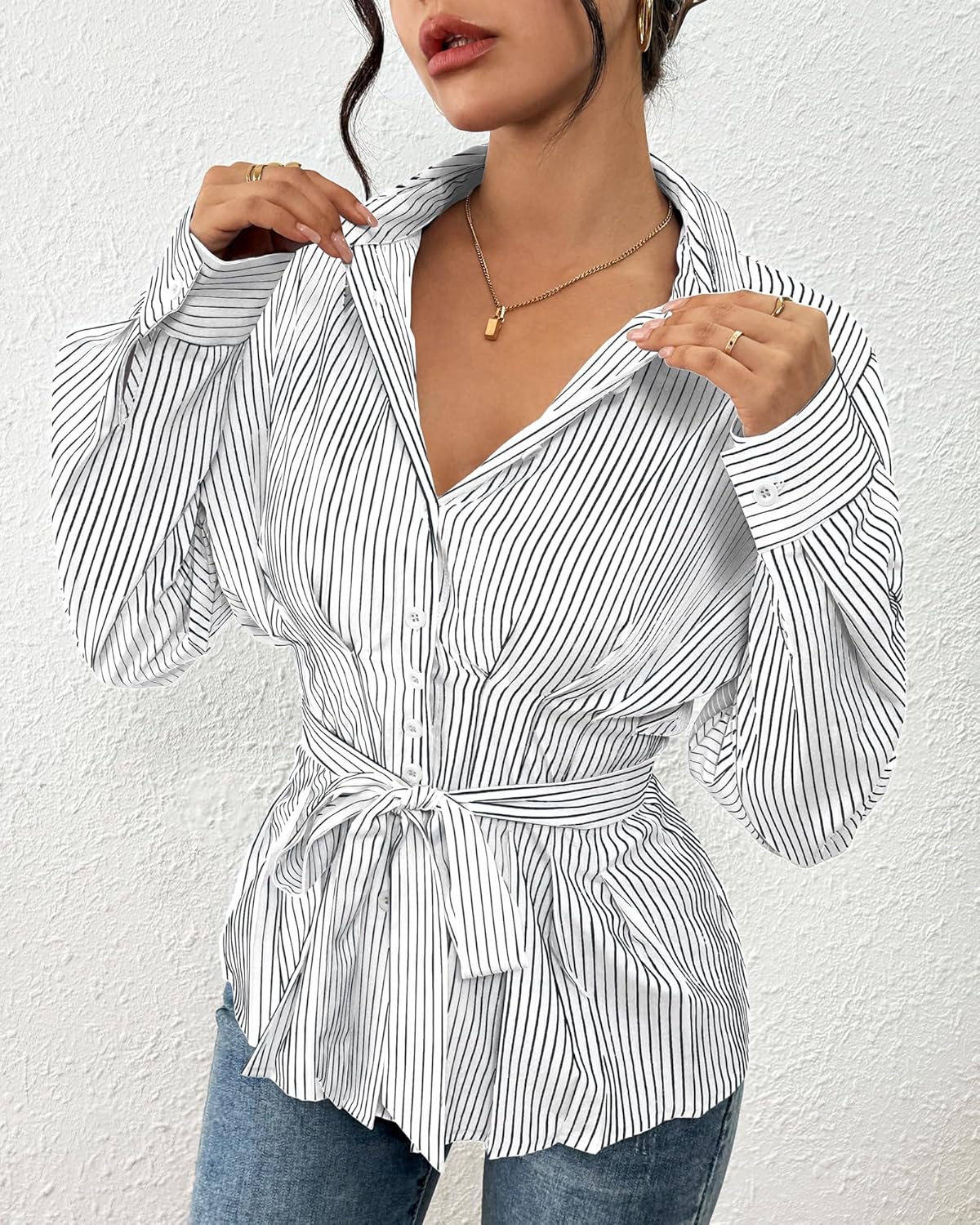 Bsubseach Women Blouses Striped Long Sleeve Button Down Shirts V Neck Collared Boho Tops 2026 Casual Business Work Outfits - Image 3