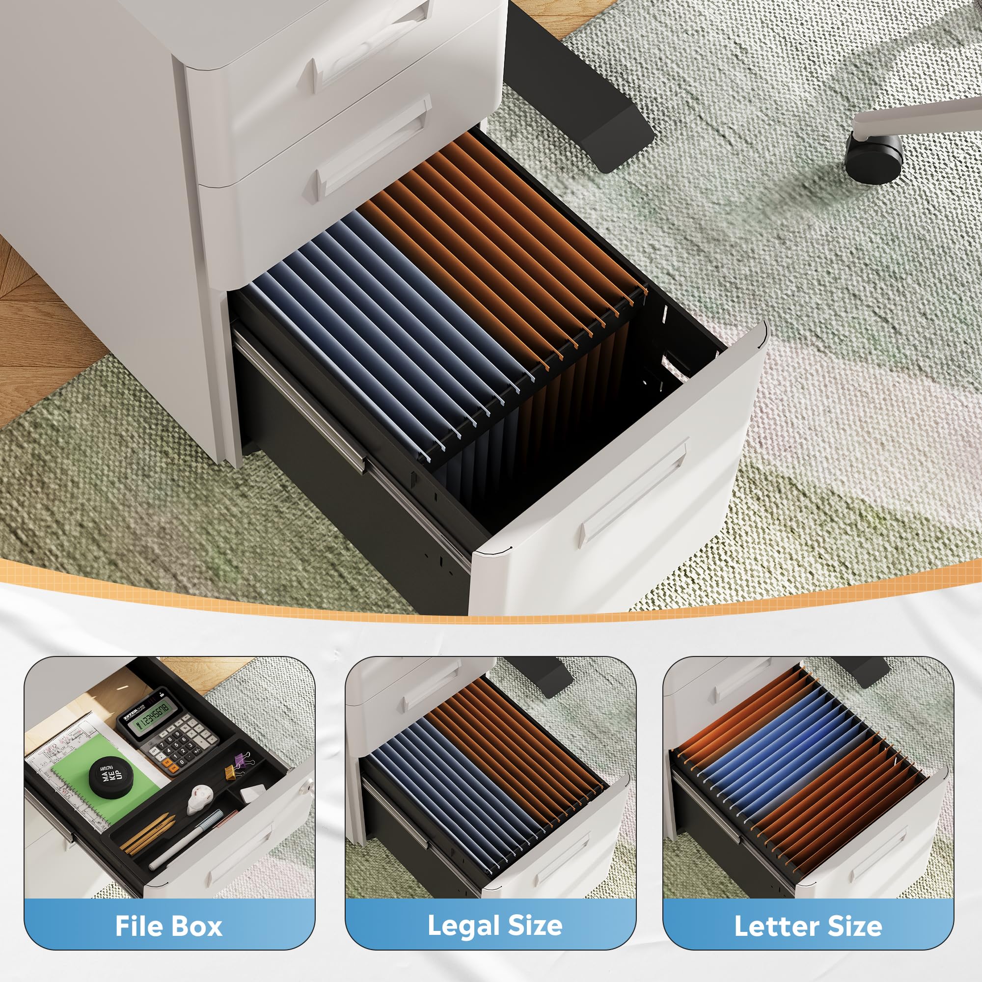 DEVAISE 3-Drawer Slim File Cabinet, Small Mobile Filing Cainet with Lock for Home Office, Fits Letter/Legal/A4 Size, 11.8 x 17.7 x 23.2 Inches (Pre-Assembled, Black): White 17.7" D x 11.8" W x 22.8" H