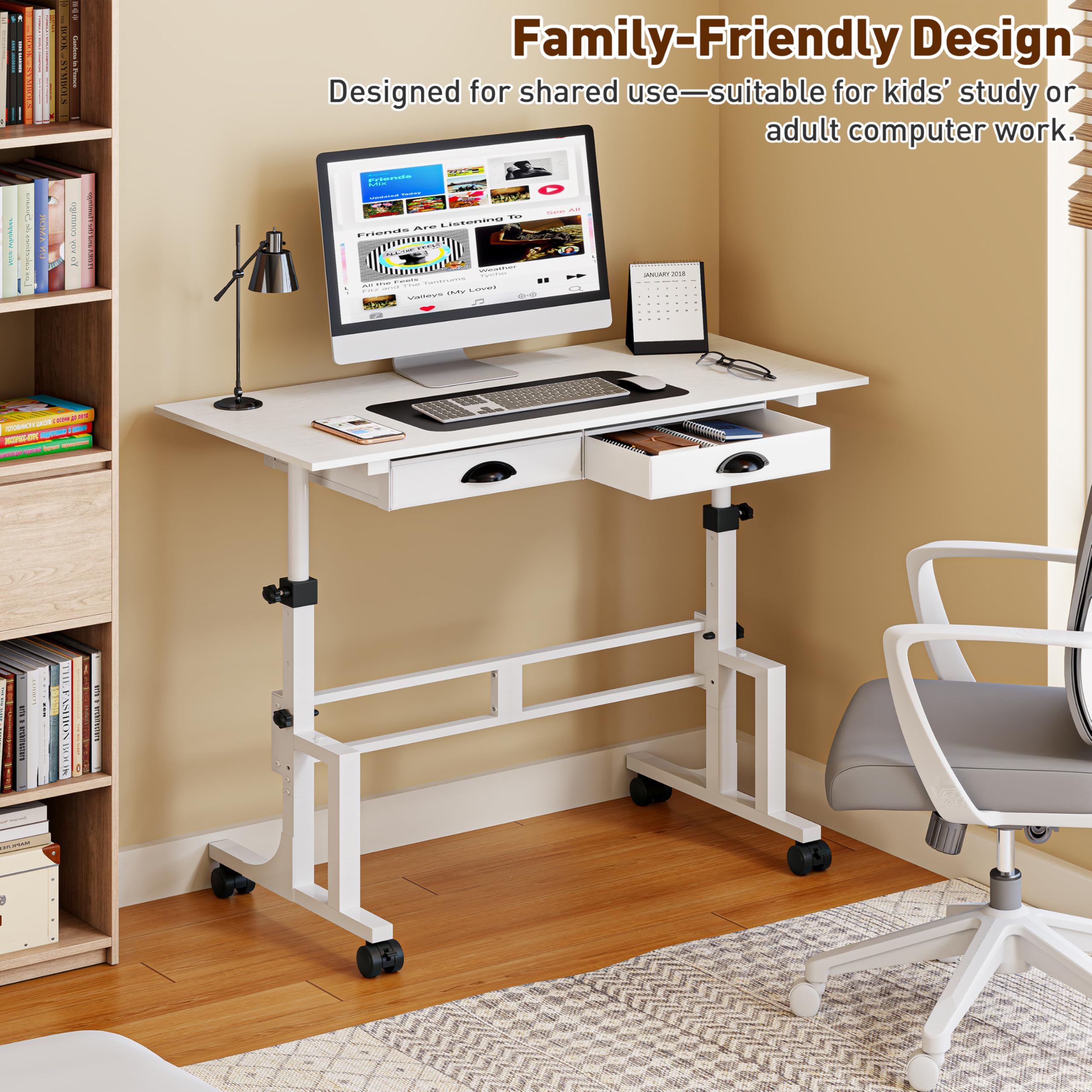 Height Adjustable Standing Desk with 2 Drawers Small Sit Stand Up Desk with Wheels Portable Rolling Desk for — view 7