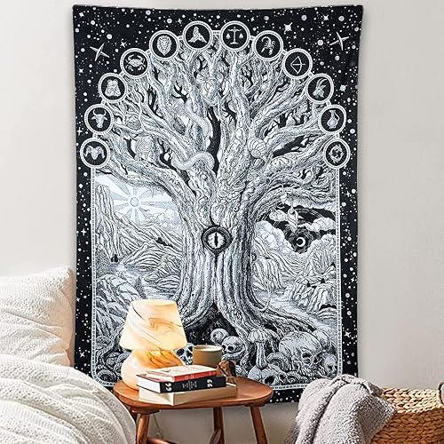 Miniatura 5 de ZYLLGLOW Tapiz del zodiaco con diseño de árbol de la vida en blanco y negro para dormitorio, estético, malvado de ojo, serpiente, sol y luna,