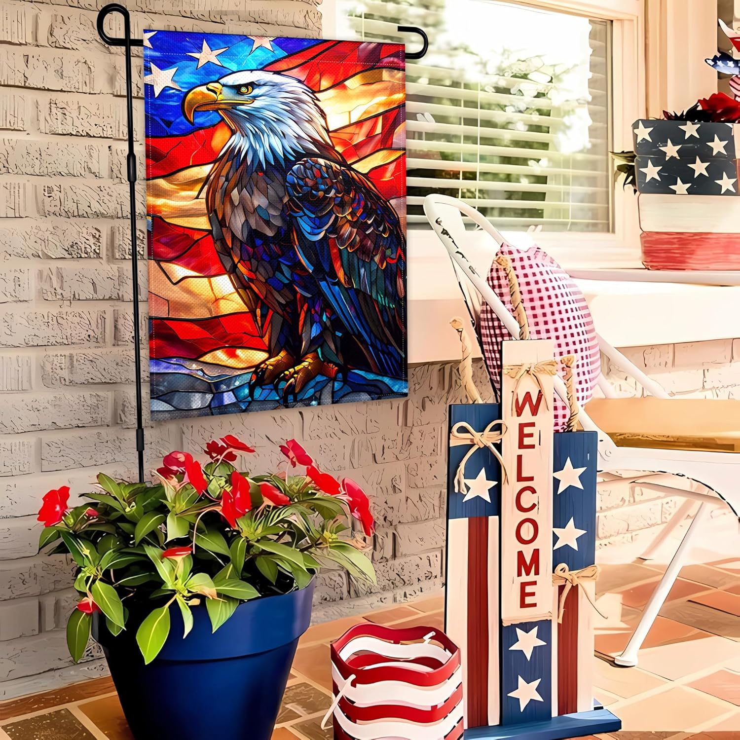 4th of July Patriotic Garden Flag for Outside 12×18 Inch Double Sided Memorial Day Independence Day Garden Flags with American Eagle Glass Style for Yard Lawn Yard Outdoor Garden Decor - Image 7