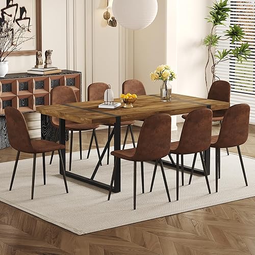 Miniatura 24 de Juego de mesa de comedor de 9 piezas, mesa de cocina rectangular moderna de madera de 71'' y juego de sillas de comedor de tela de 8, juego de mesa