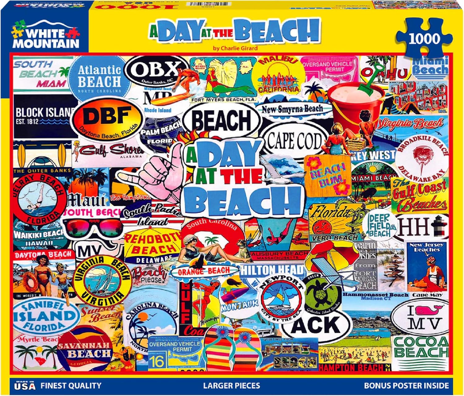 White Mountain 1000 Piece Jigsaw Puzzle Fun Summer Location Collage Puzzles with Large Pieces Gift for Adults and Family 24"x30" - A Day at The Beach