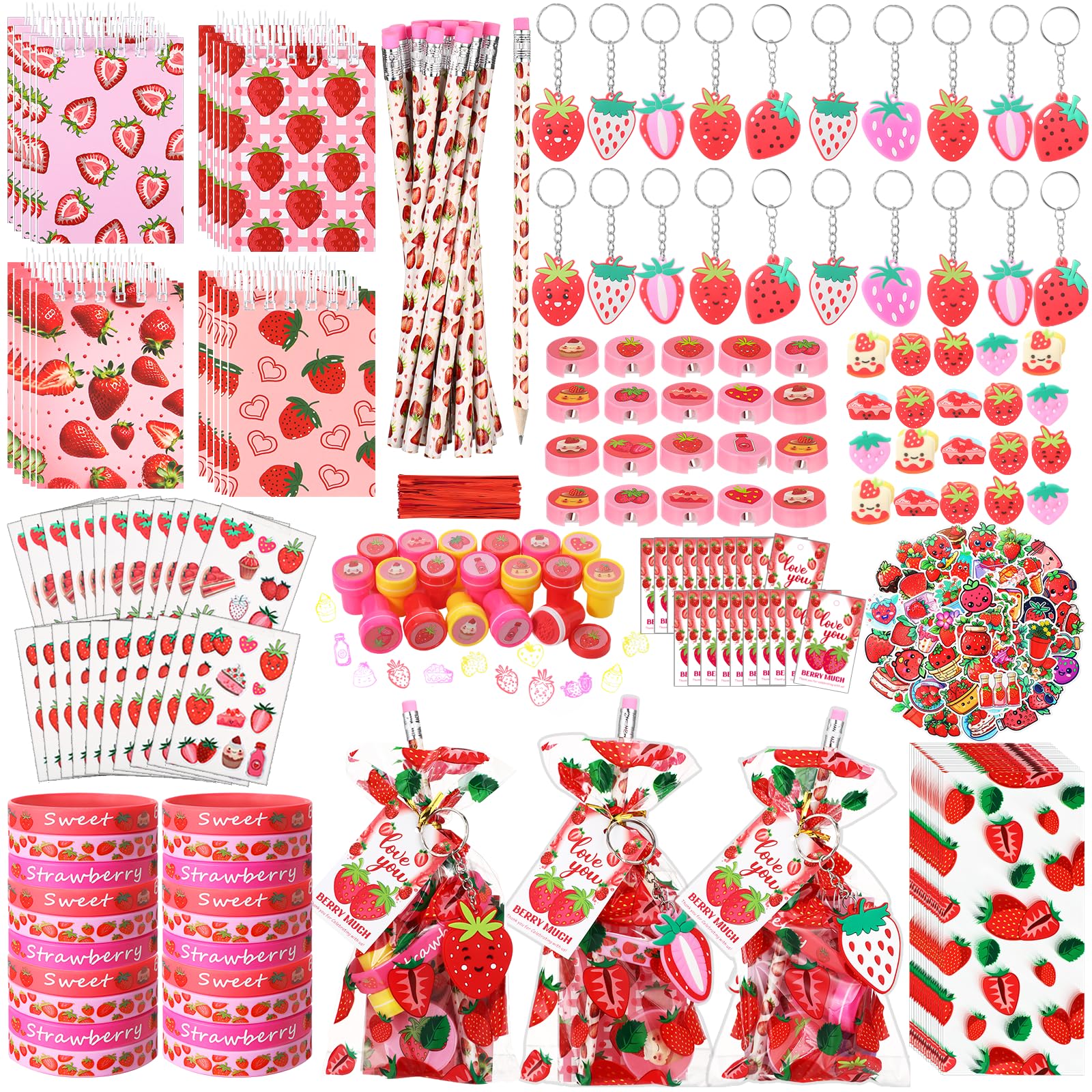 Sayglossy 251 Pcs Strawberry Party Favors Set Includes Gift Bags Pencils Notebook Sharpener Slap Bracelets Rings Keychains Tattoo Stickers Stamper