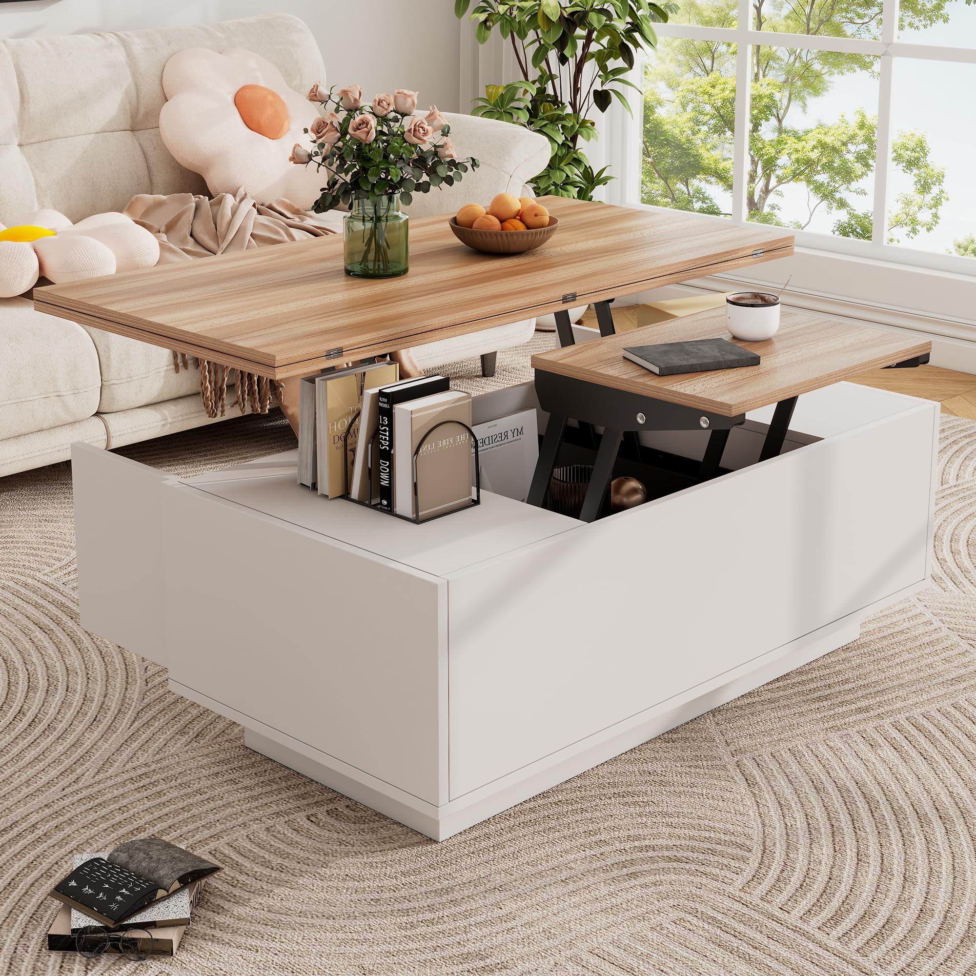 Mesa baja moderna con mecanismo de doble elevación y almacenamiento oculto, soporta hasta 50 kg