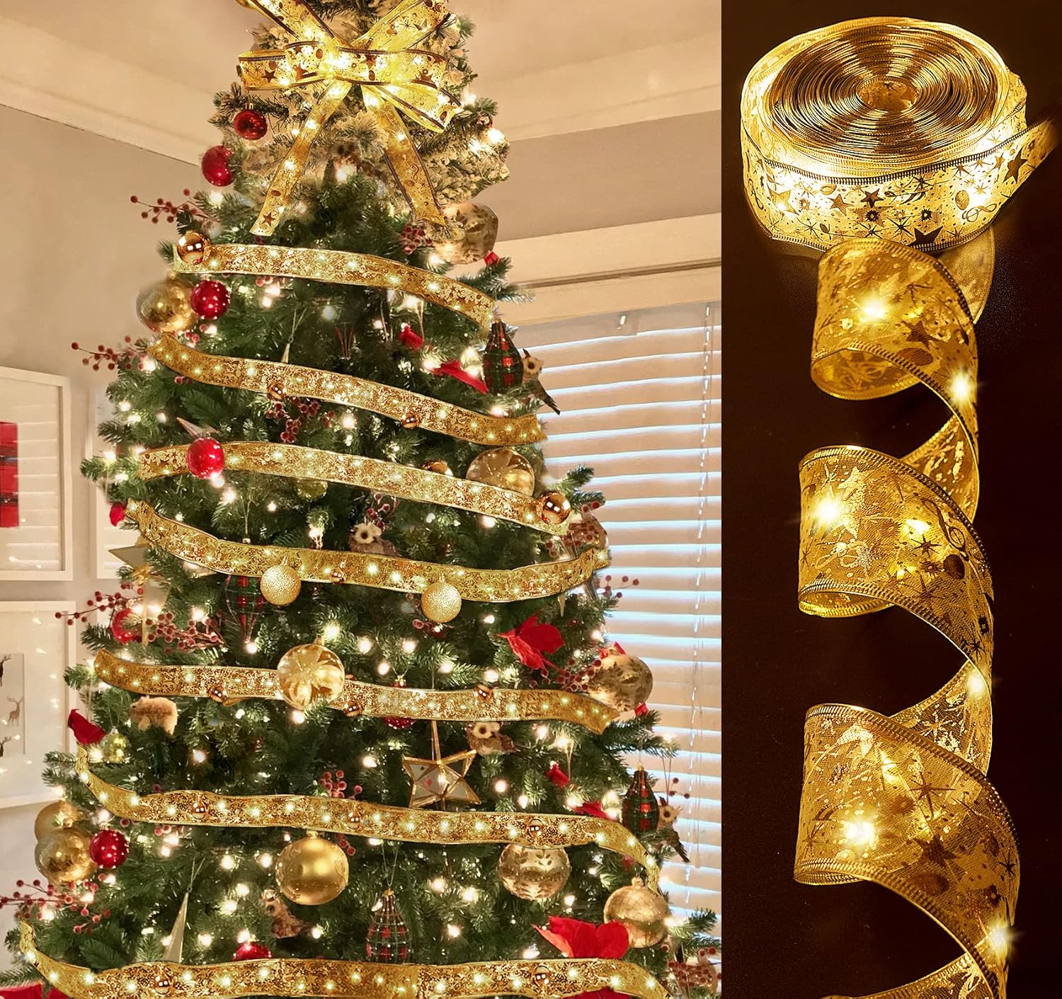 ilauke LED Fairy Lights, 65Ft Gold Christmas Ribbon Light with 300LED