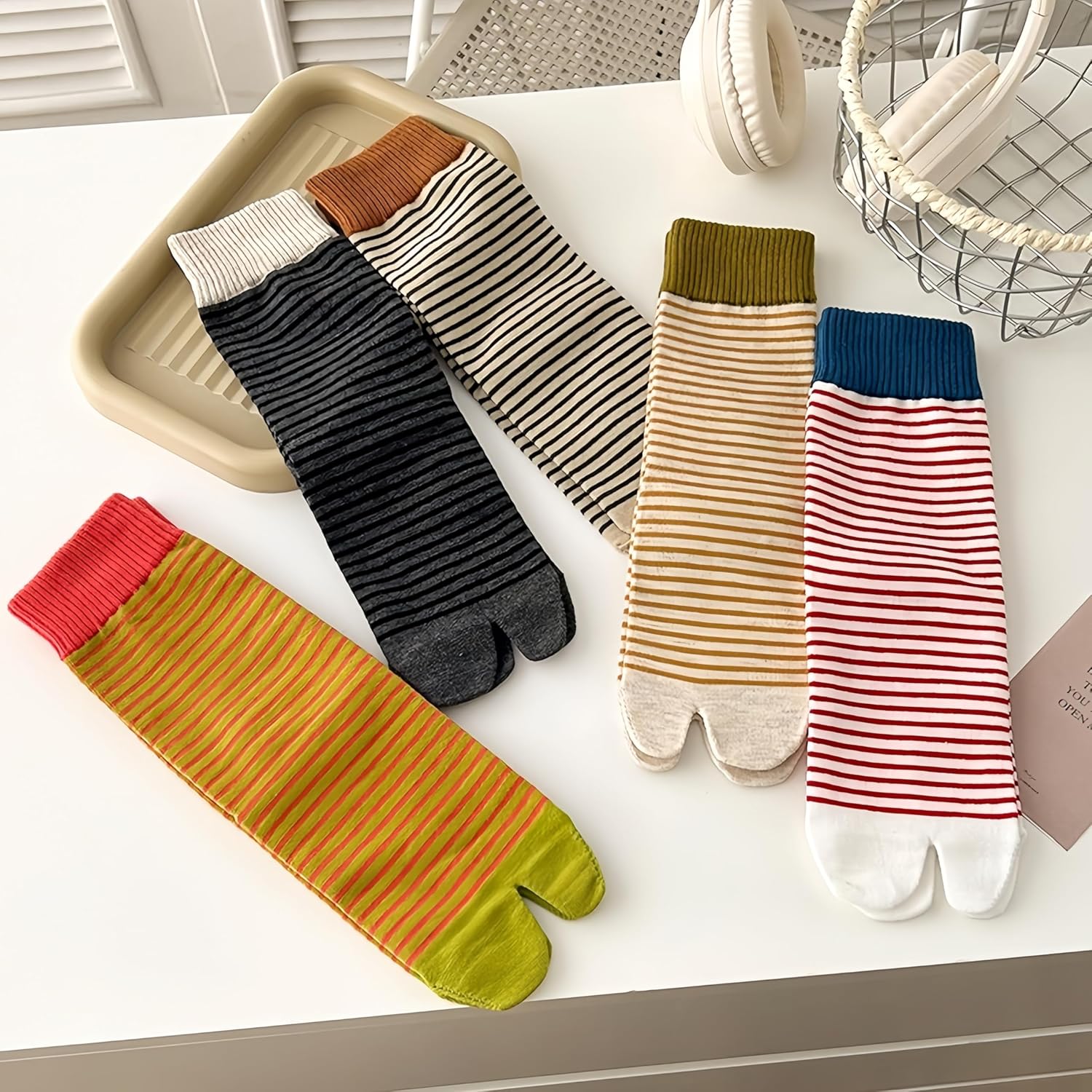 5 Pairs Colorful Striped Flip Flops Socks for Women Cotton Casual Tabi Socks for Daily and Sports - Image 7