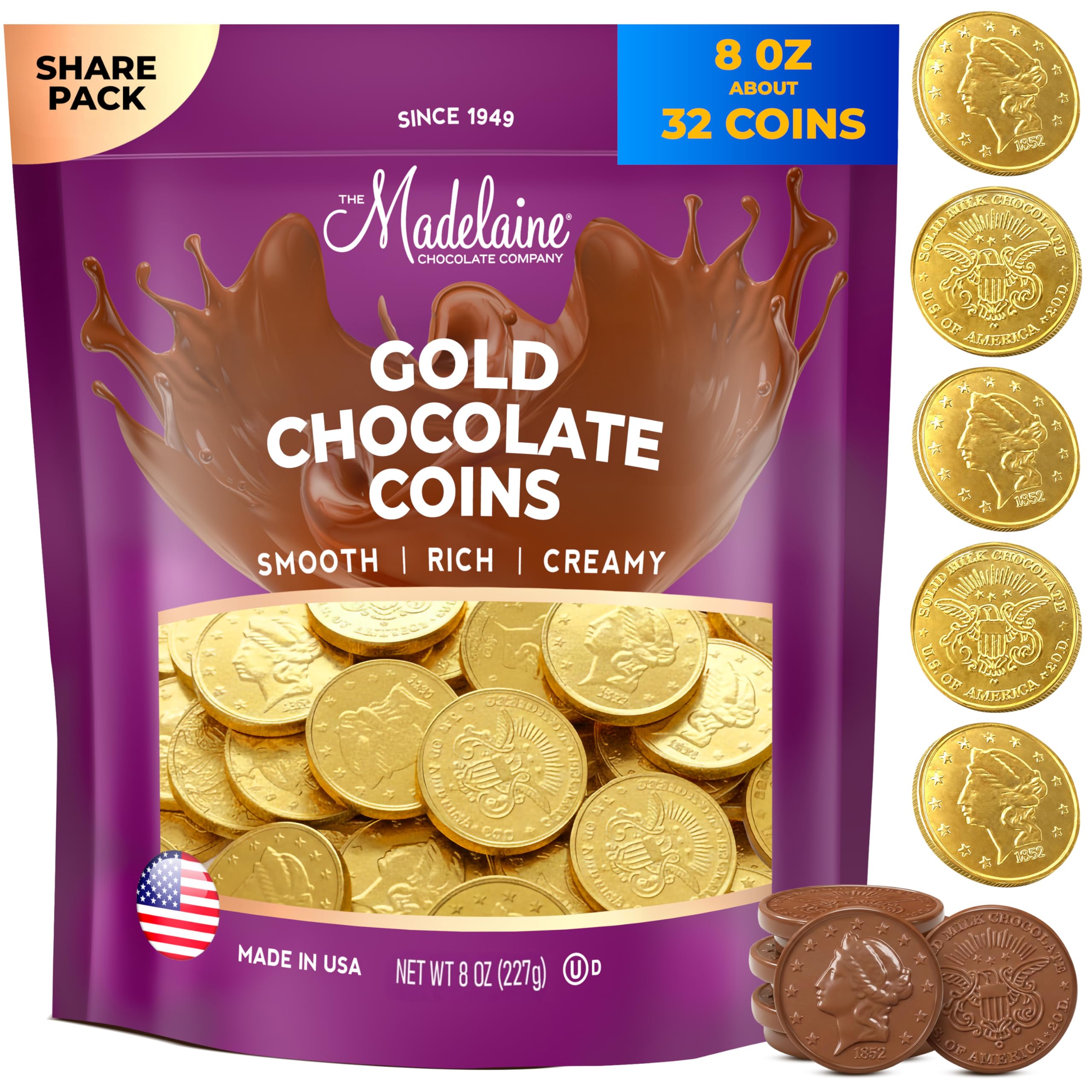 Madelaine Milk Chocolate Gold Coins – Individually Wrapped Candy Party Favors – 8 Oz Large Gold Coins Chocolates Treats Holiday Christmas Candy