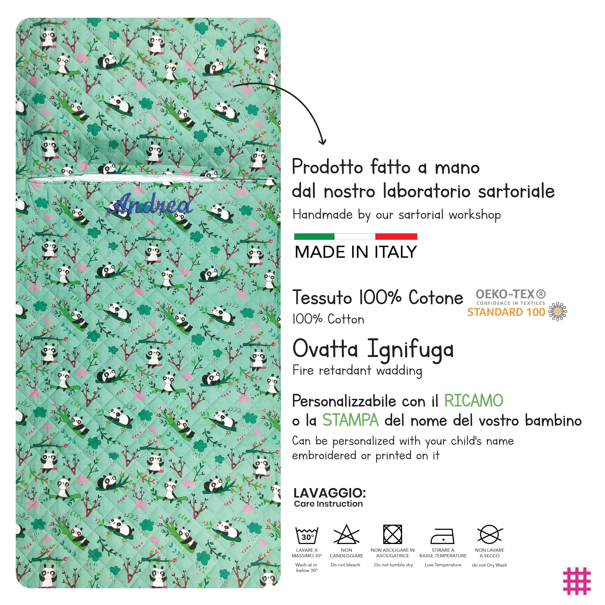 Sacco Nanna Ricamato per Bimbo e Bimba da 2 a 6 Anni - Tessuto Trapuntato 100% Cotone - Made in Italy (Sacco Nanna panda)