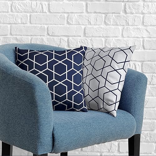 Miniatura 7 de Juego de 2 fundas de almohada geométricas de color blanco y azul oscuro de 16 x 16 pulgadas, fundas de almohada geométricas hexagonales modernas