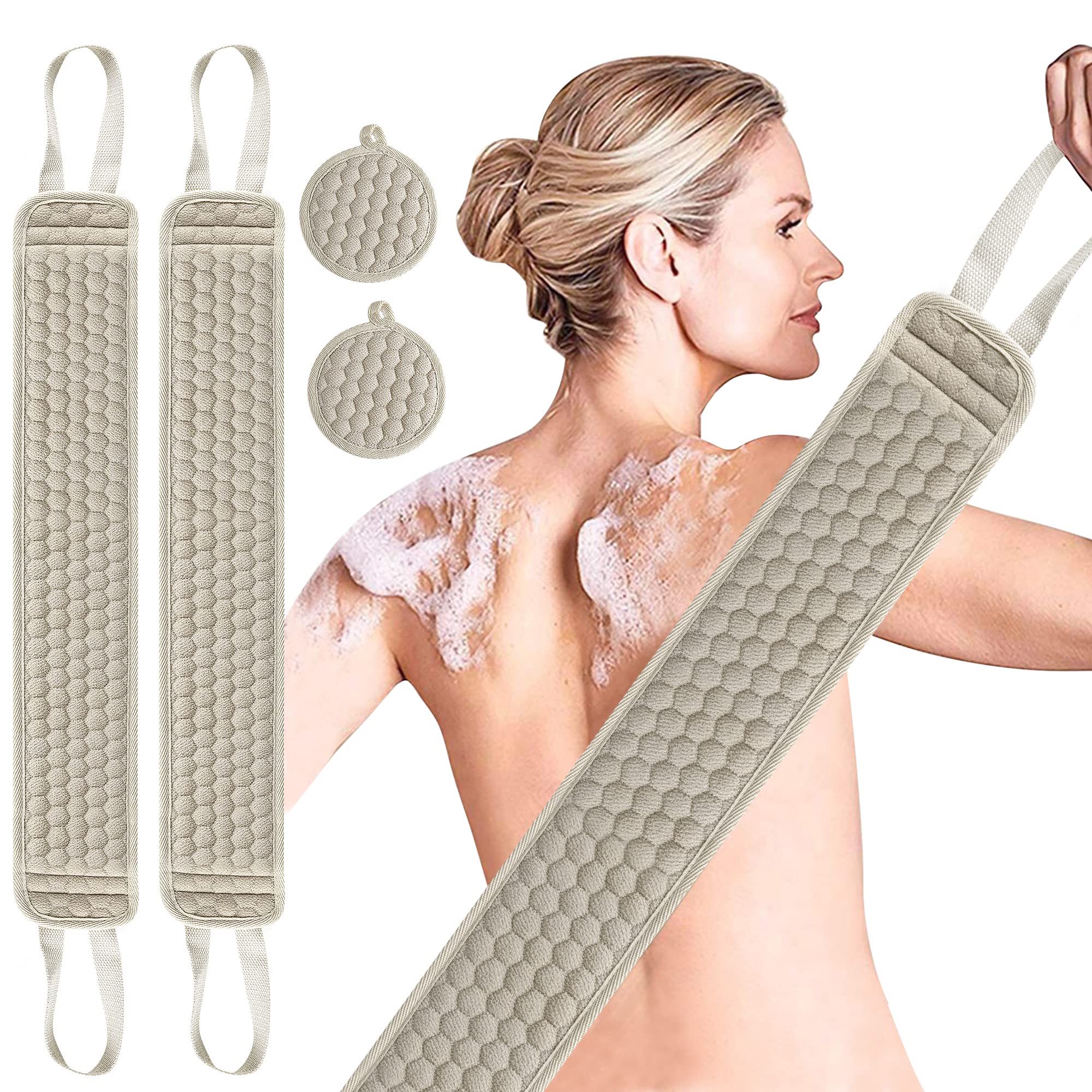 Suntee2 Packs Exfoliating Back Scrubber & Exfoliating Sponge Pad Set for Shower, Loofah Back Washer Exfoliator Bath Shower Scrubber for Men and Women (32.5*3.5 inch & 32.5*3.5 inch)